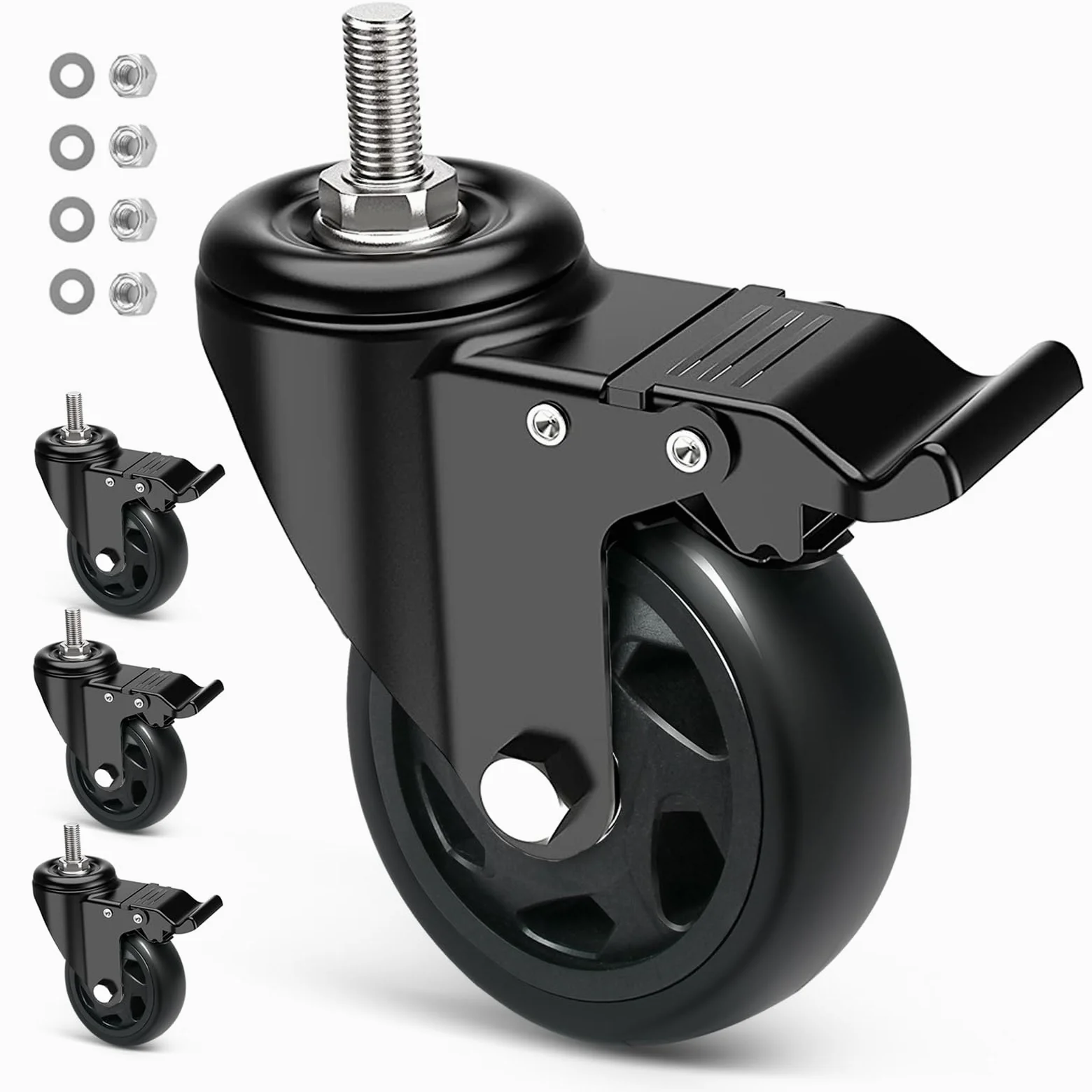 100MM per carichi pesanti ruote per mobili con Freno, set da 4 ruote per carrelli con M12x1.75x30mm Vite Perno, Bino Cuscinetto Perno Ruota Girevole Ruote per Mobili, PU Carrello Ruote su a 500kg