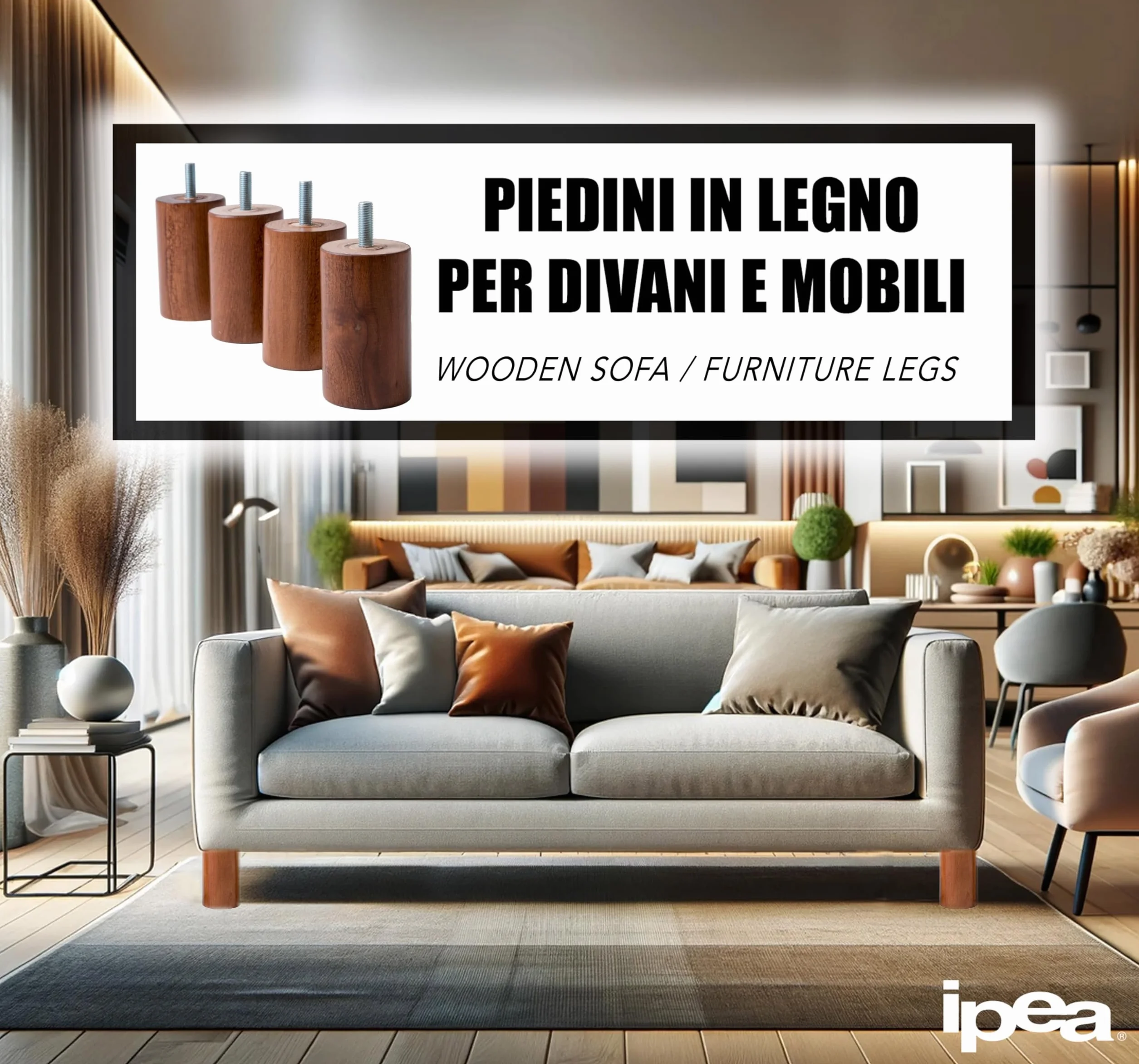 IPEA Piedini Mobili Legno Noce Set 4 Gambe Cilindro Altezza 100 mm Made in Italy