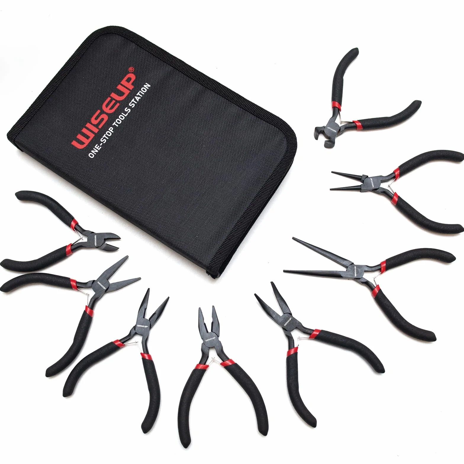 WISEUP Set di 8 mini pinze ago, rotondo, piatto, lungo, becco curvo, diagonale, taglio finale, guardalinee con custodia