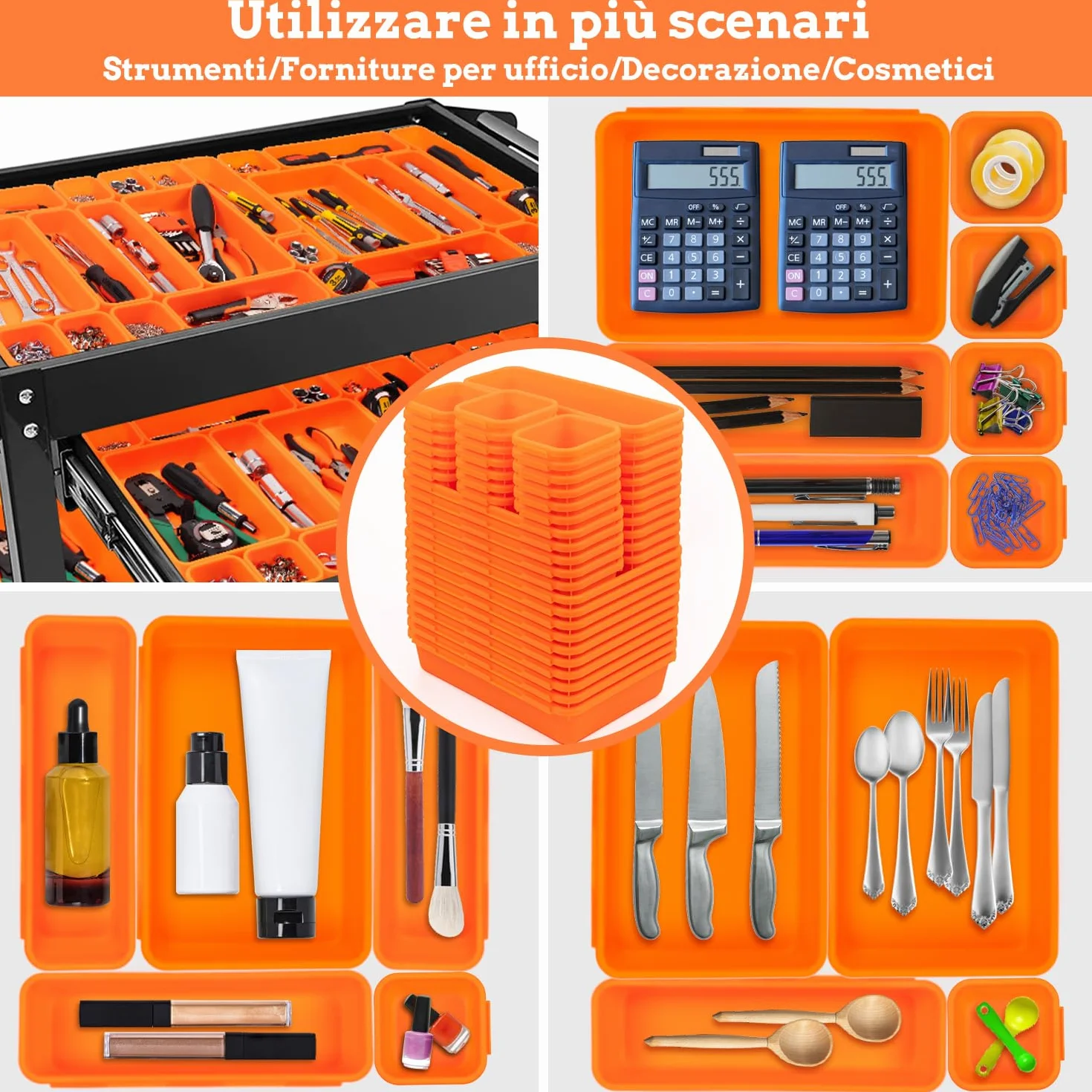 Organizer Cassetta Attrezzi 45 Pezzi con Cassetti, Scatole Portaoggetti Plastica per Viti Minuteria e Carrello - Arancia