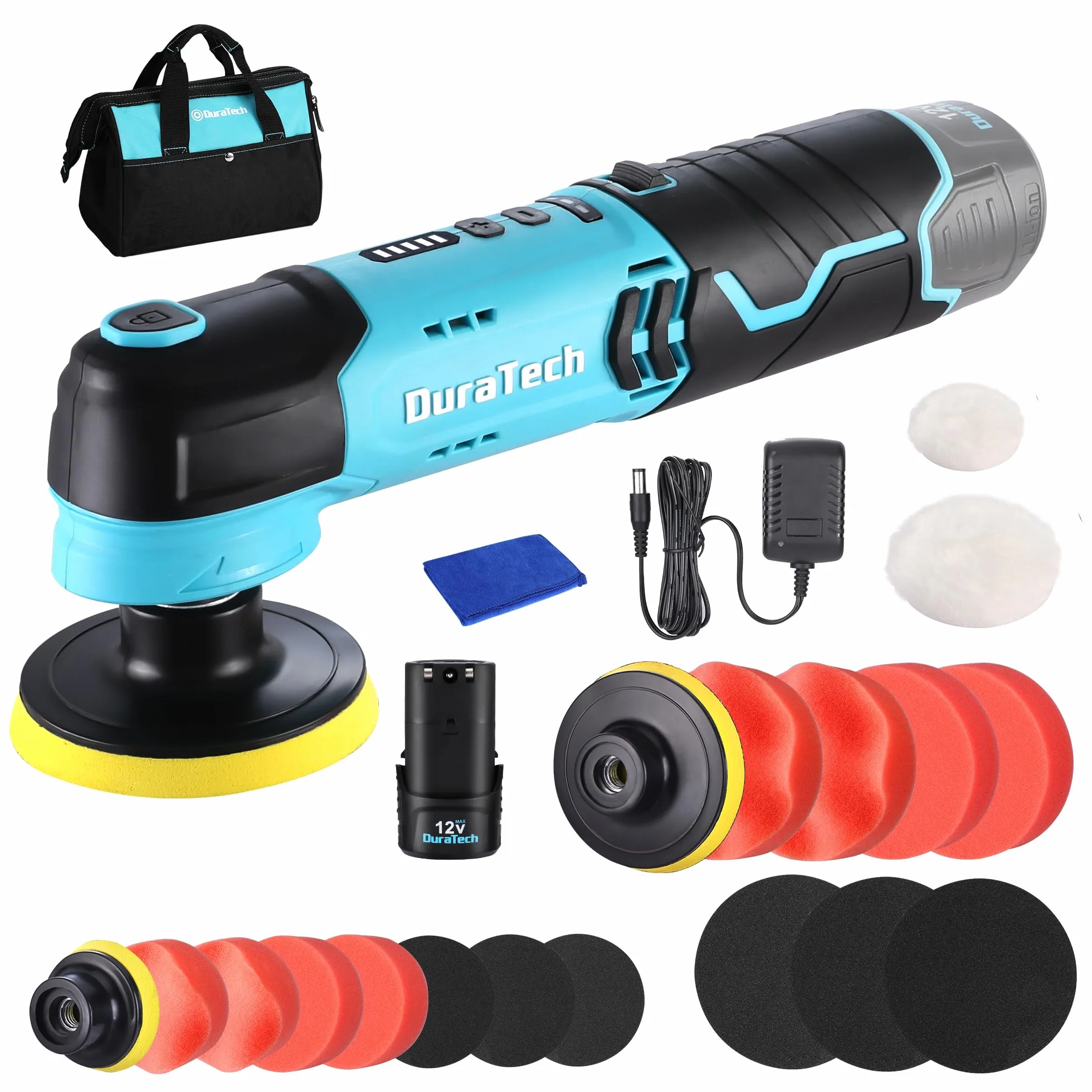 DURATECH Lucidatrice Elettrica 12V 3000 giri/min 5 Velocità Regolabili con Spugne Panni Disco