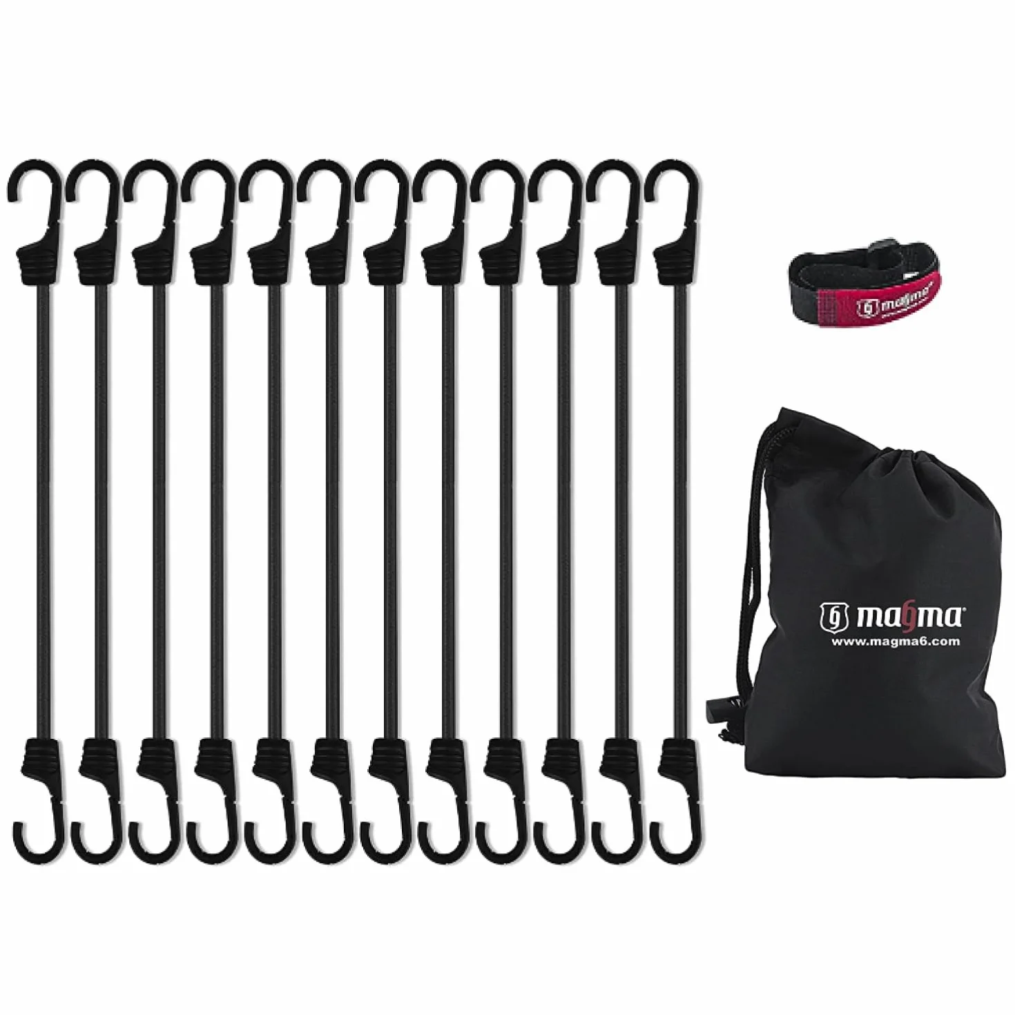 MAGMA Set da 12 Corde Elastiche | Cavi Extra Forti con Ganci | Cavi Elastici di Fissaggio Per Auto per Assicurare Portapacchi e Teloni | Per Campeggio, Uso Militare, Attività all’Aperto (30cm, Nere)