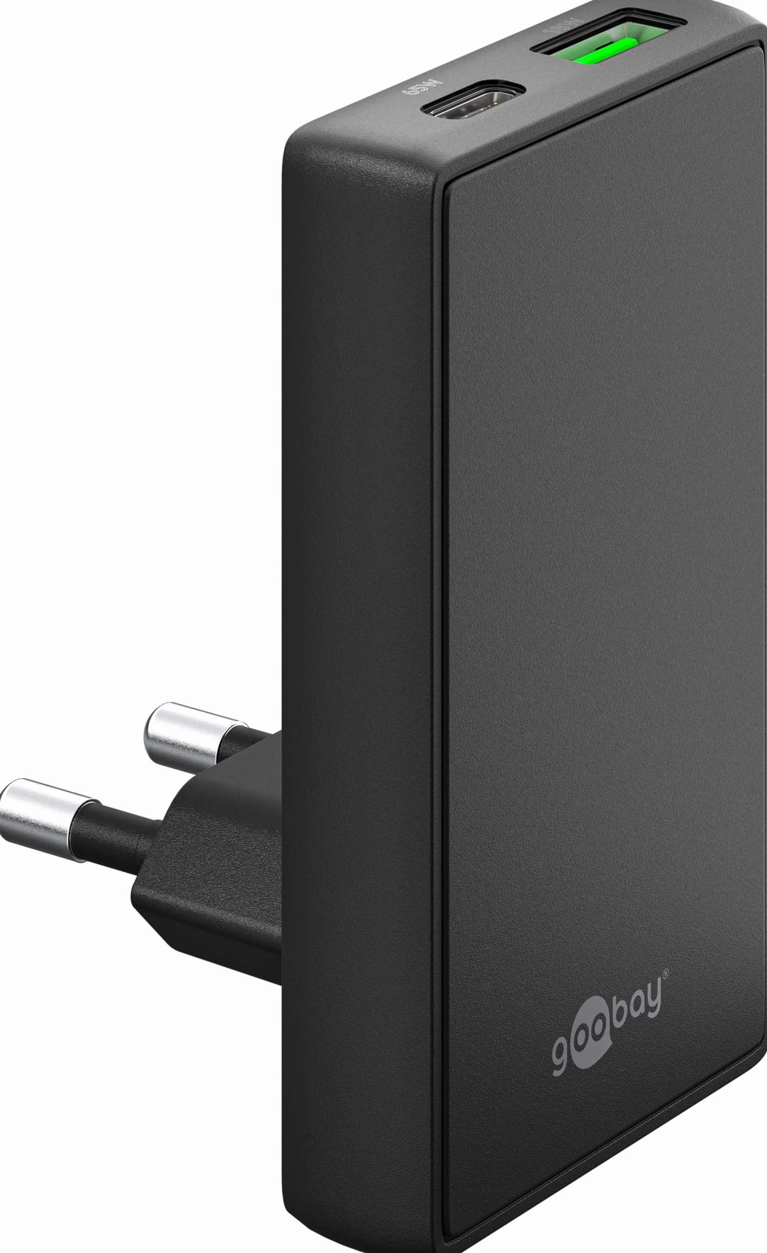 goobay GaN Caricabatteria da 65 W, con doppia porta (USB-C e USB-A), design piatto a 90°, ultra sottile e salvaspazio, per Apple, Samsung, Huawei, tablet ecc., nero,75723