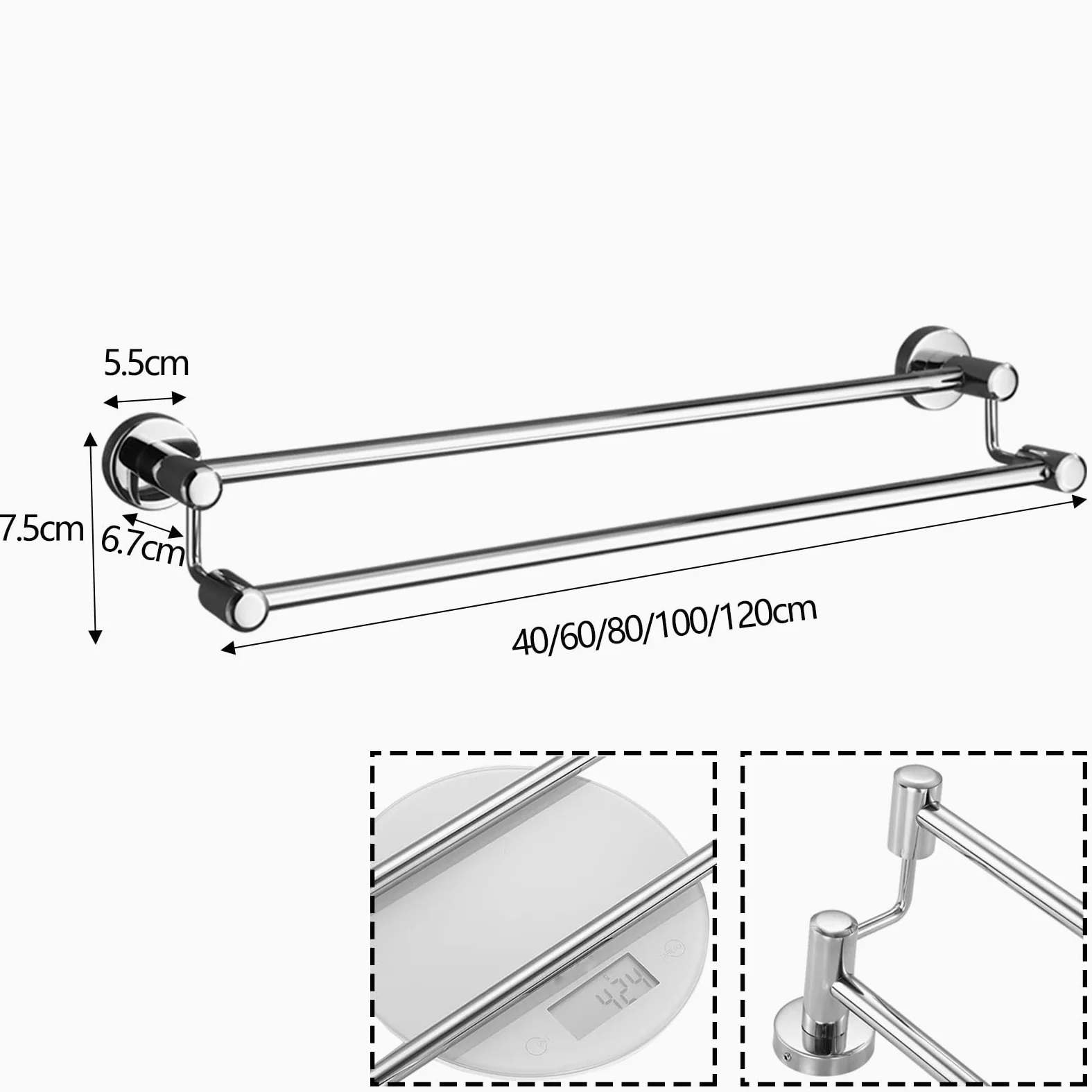 Portasciugamani doppio in acciaio inox, montaggio a parete, per bagno e cucina, 120 cm, argento