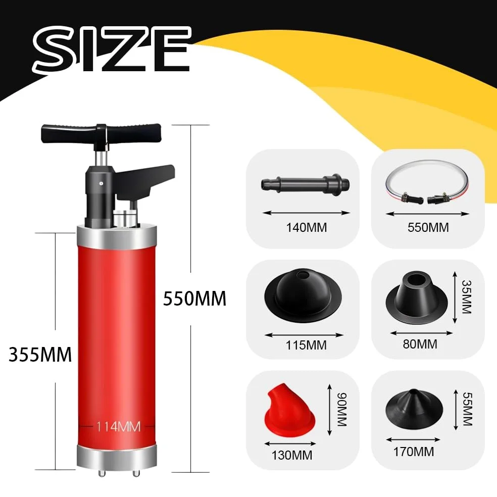 Stura WC con 4 Adattatori per Lavandino, Pompa Stura Scarichi a Pressione con Manometro, Sturalavandino ad Aria Compressa, per WC, lavandino, Vasca da Bagno