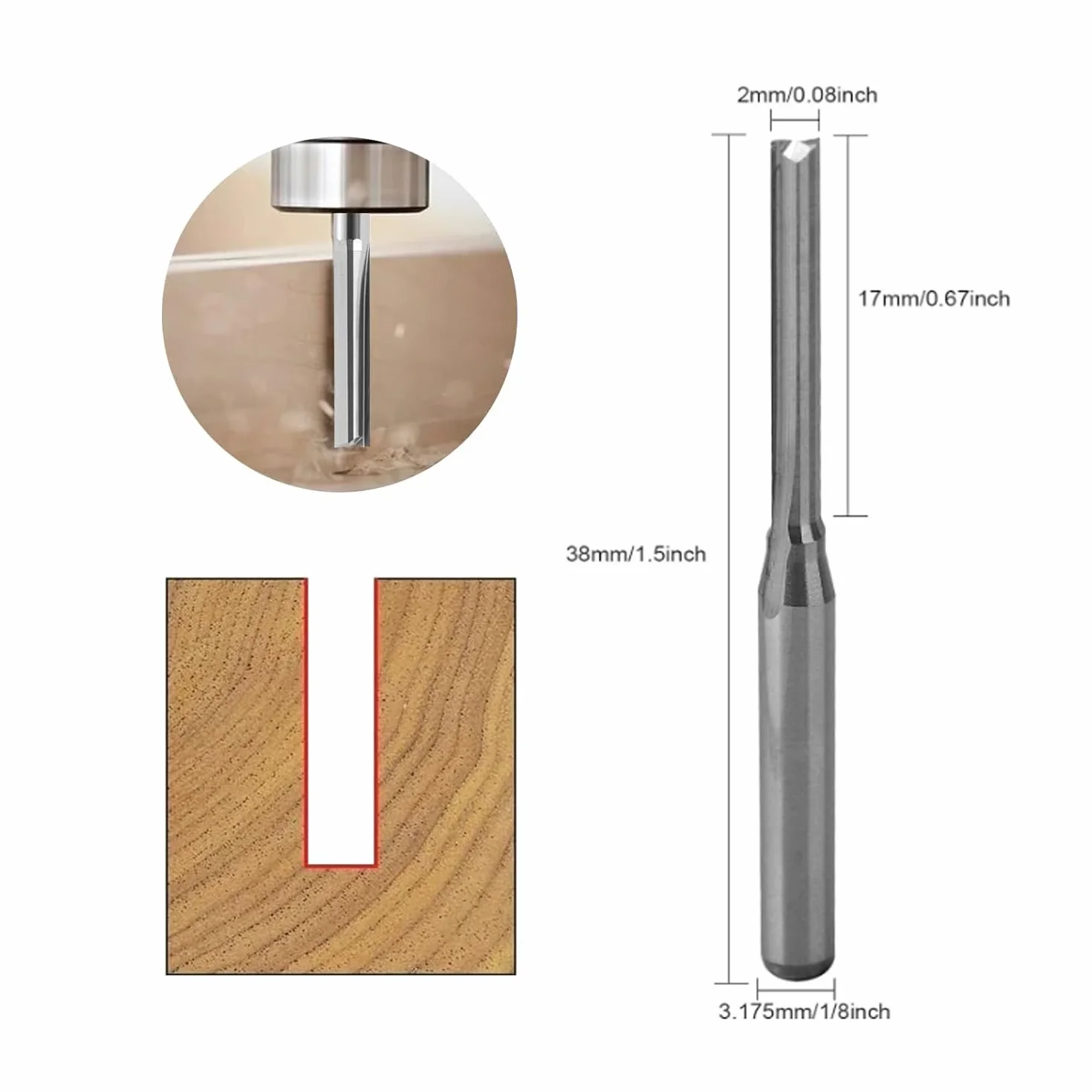 Punte dritte per fresa CNC, 5 pezzi, fresa con 2 scanalature, 2 x 17 mm, fusto da 1/8" in metallo duro CNC, set di macinini per incisione in PVC e acrilico