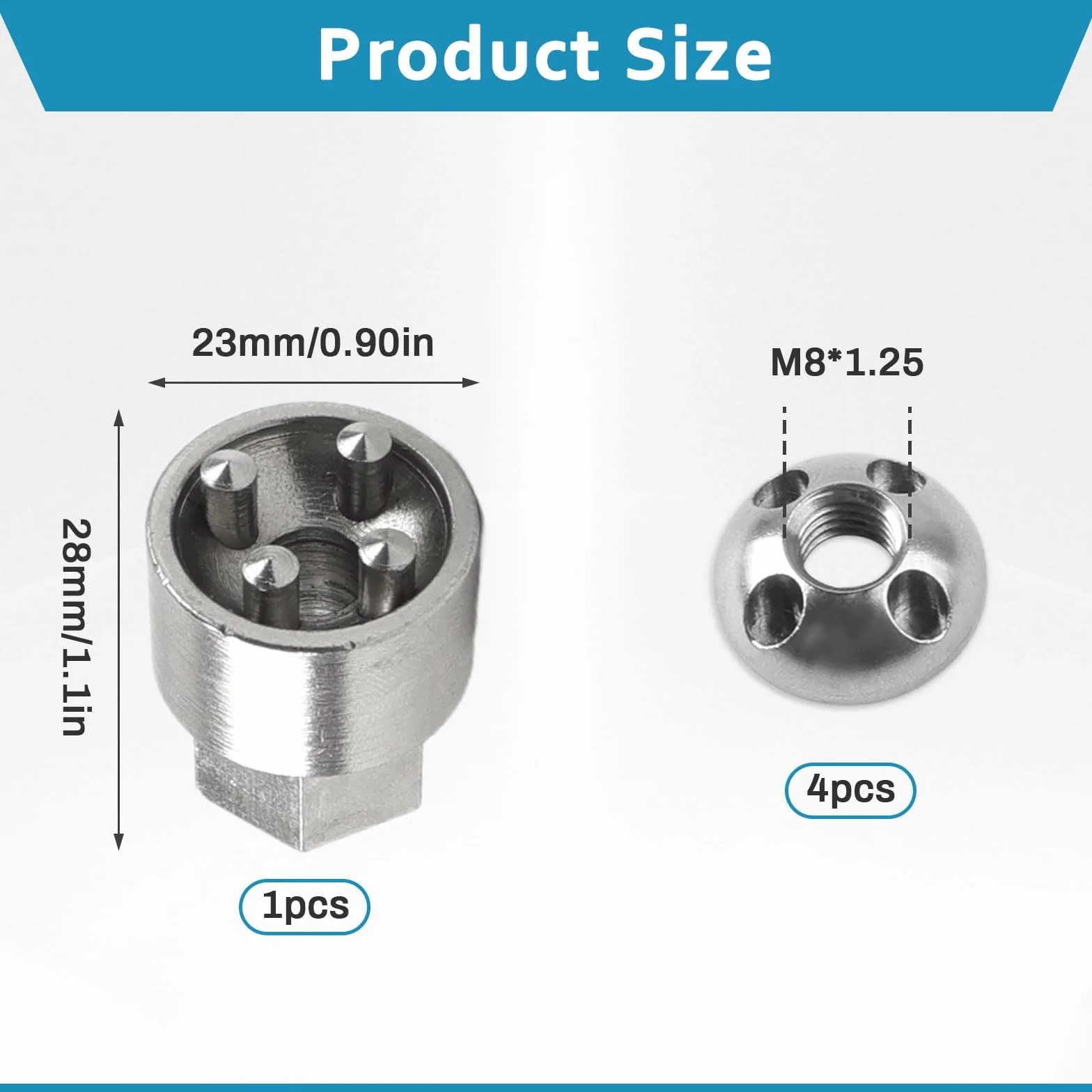 Set di 4 dadi antifurto M8 a 4 fori in acciaio inox per tenda portabici impianto solare