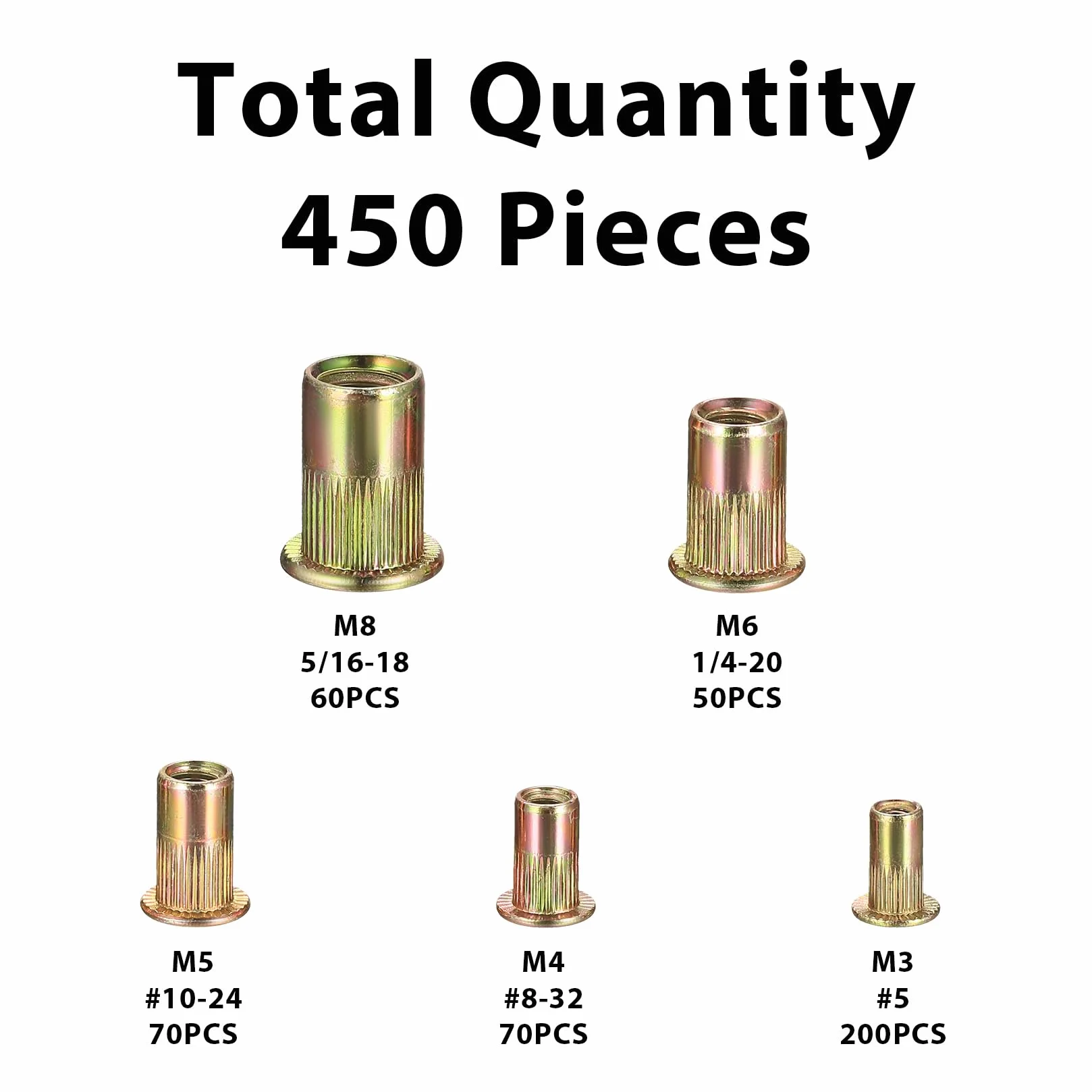 Set di 450 dadi rivetti a testa piatta M3 M4 M5 M6 M8 assortimento