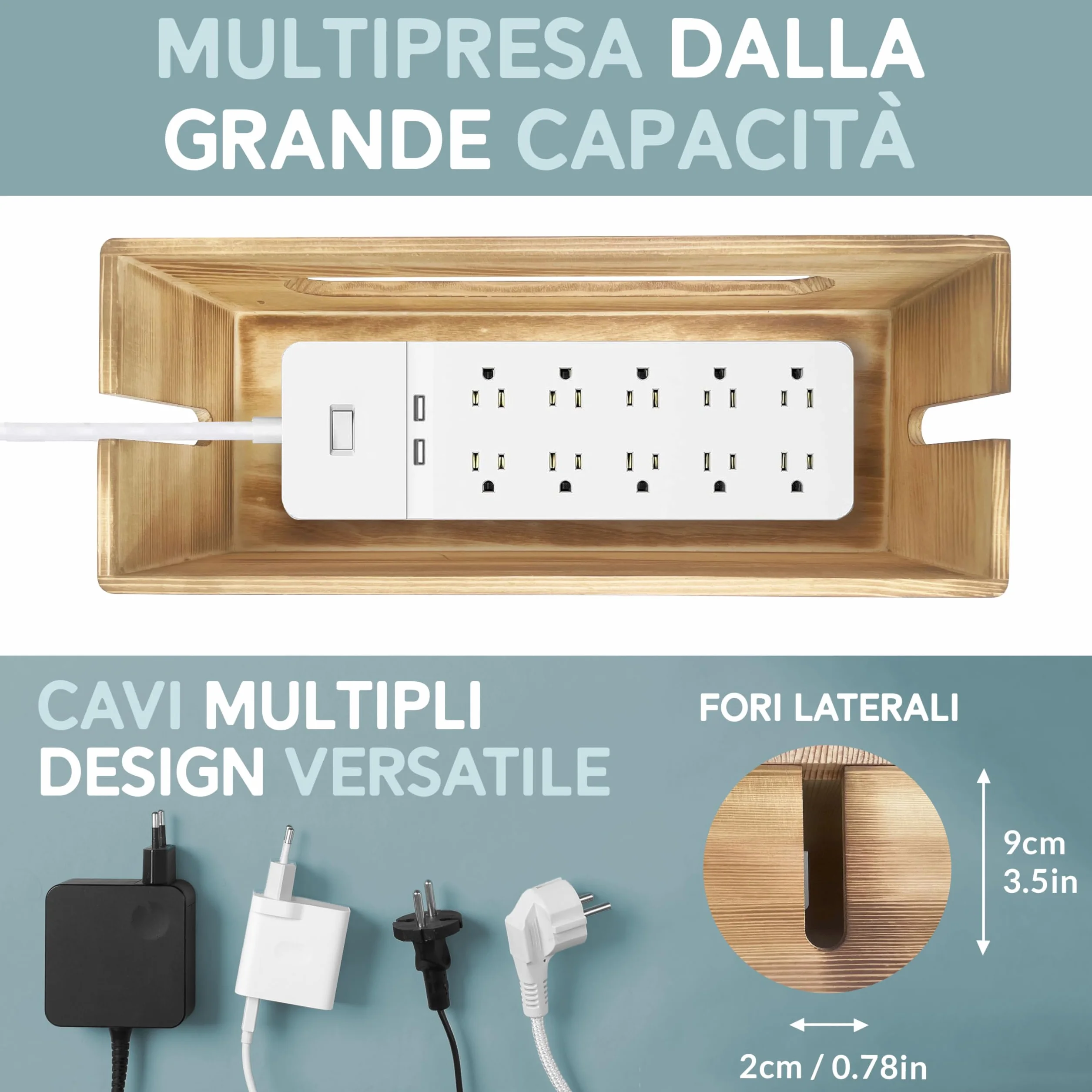 Nature Supplies Set Scatole Raccogli Cavi in Legno di Pino - 1 Scatola Coprifili Media, 1 Cable Box Nascondi Fili Grande