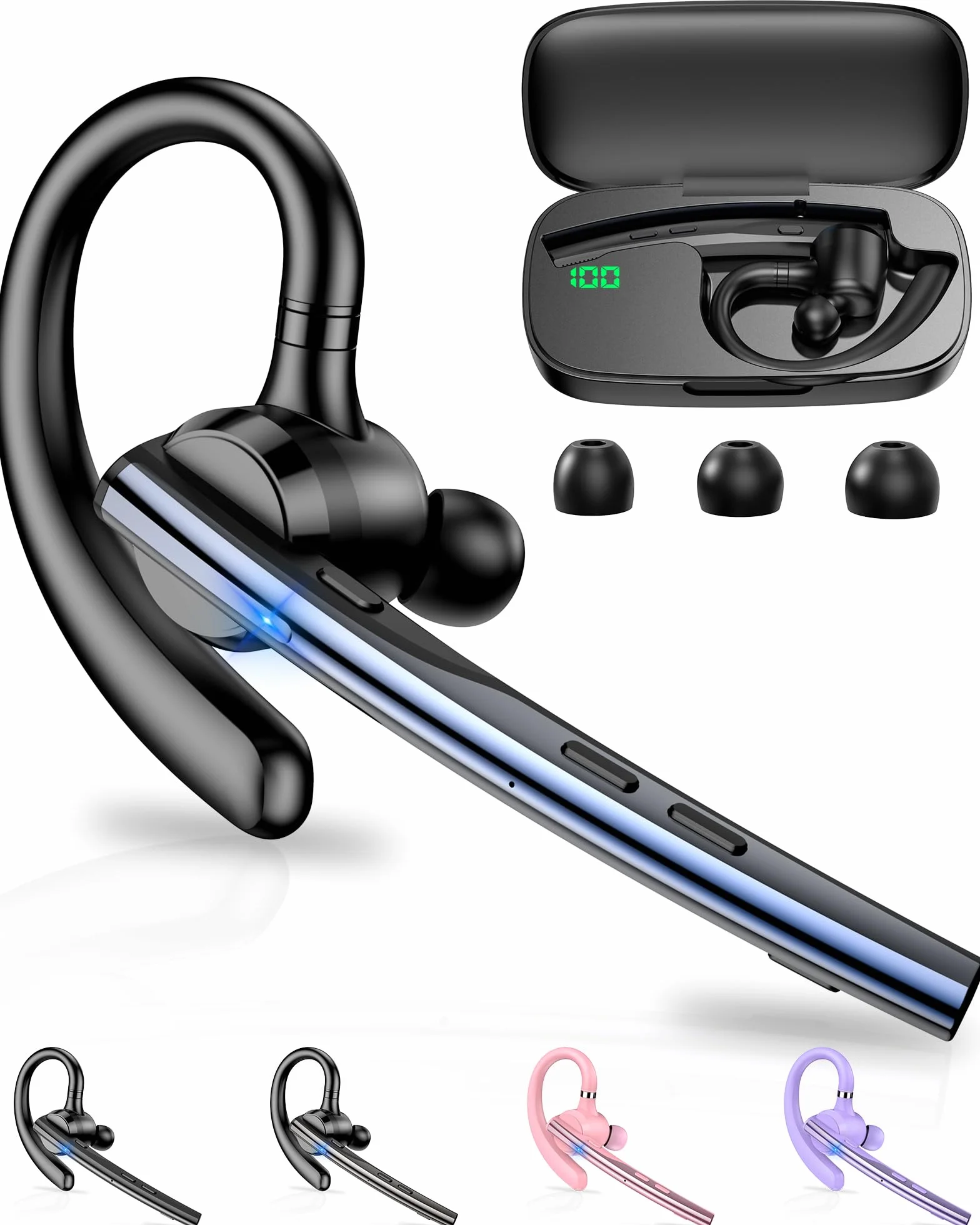 New Bee Auricolare Bluetooth Singolo V5.1 con 72 Ore di Conversazione CVC8.0 Auricolari Bluetooth Mono con Doppio Microfono con Custodia di ricarica a LED per iPhone, Android e Laptop
