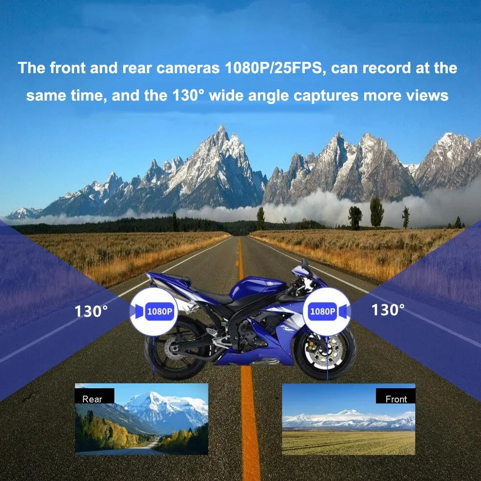 VSYSTO Dash Cam Moto, Fotocamera per Moto Obiettivo Grandangolare 130°, Impermeabile Doppia Anteriore e Posteriore 1080P Videocamera con WiFi, Visione Notturna, Sensore G, Registrazione in loop