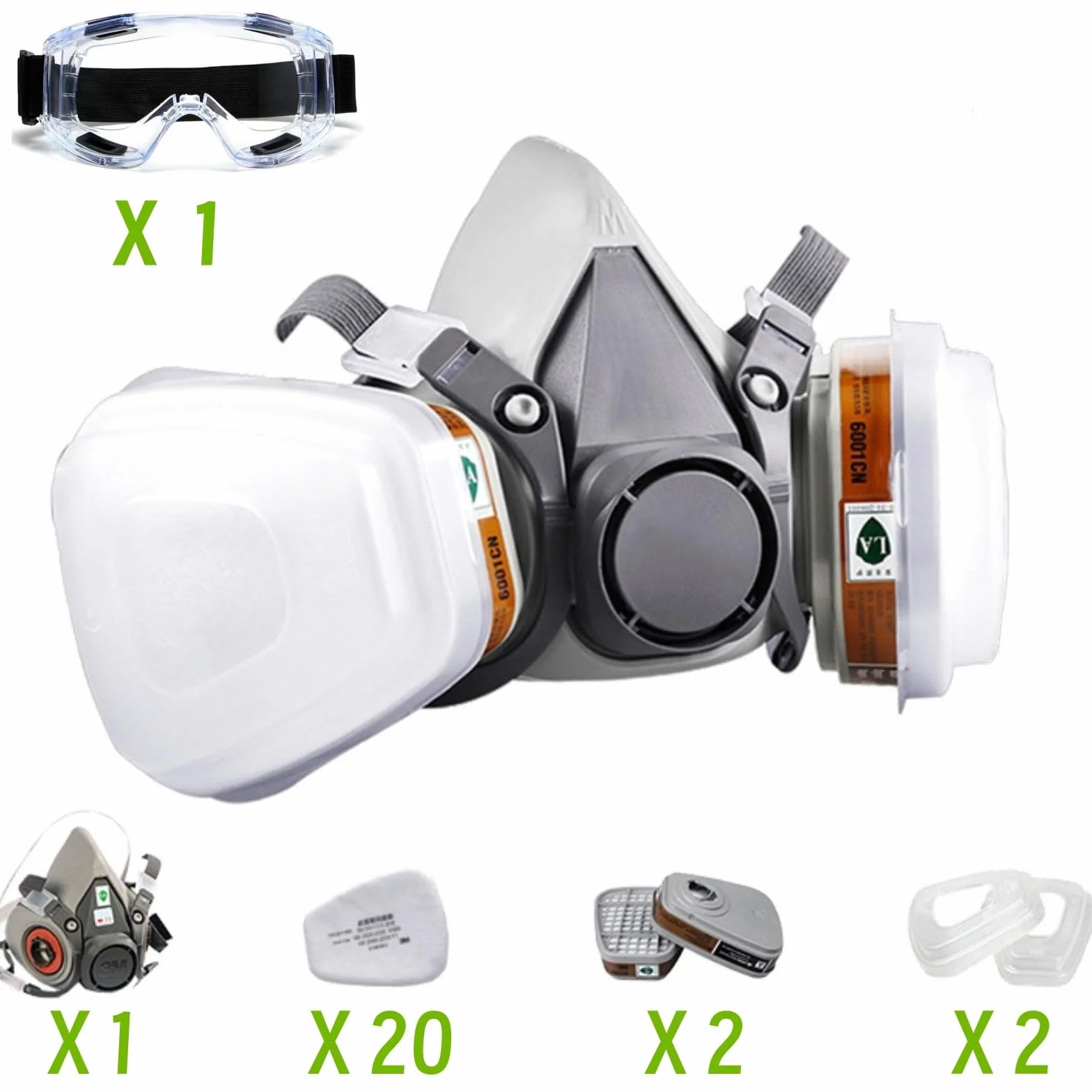 Maschera Respiratoria con Occhiali Protettivi 20 Filtri Sostituibili Kit Protezione Verniciatura Polveri