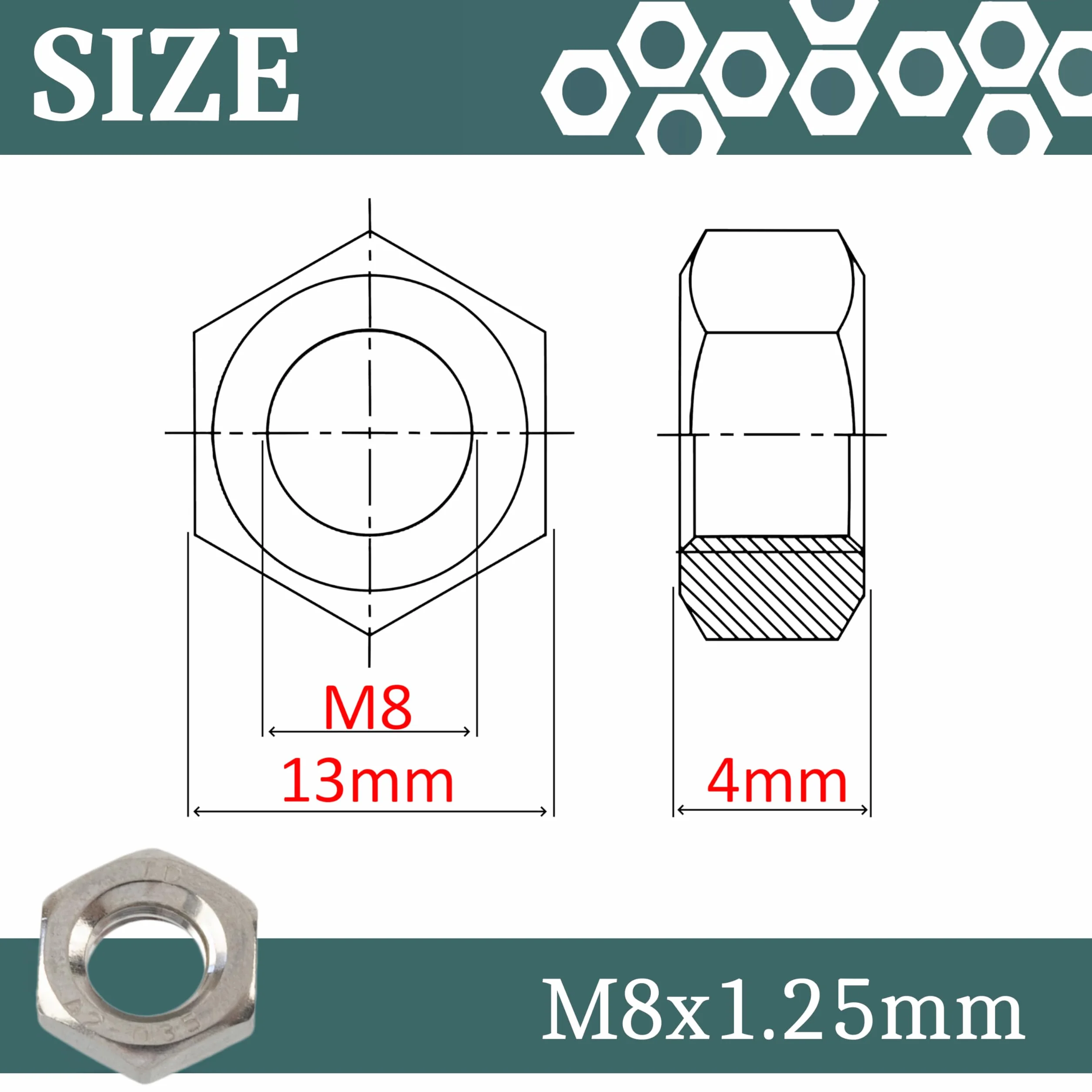 AERZETIX Set di 25 dadi esagonali a profilo basso M8x1.25 mm acciaio argento