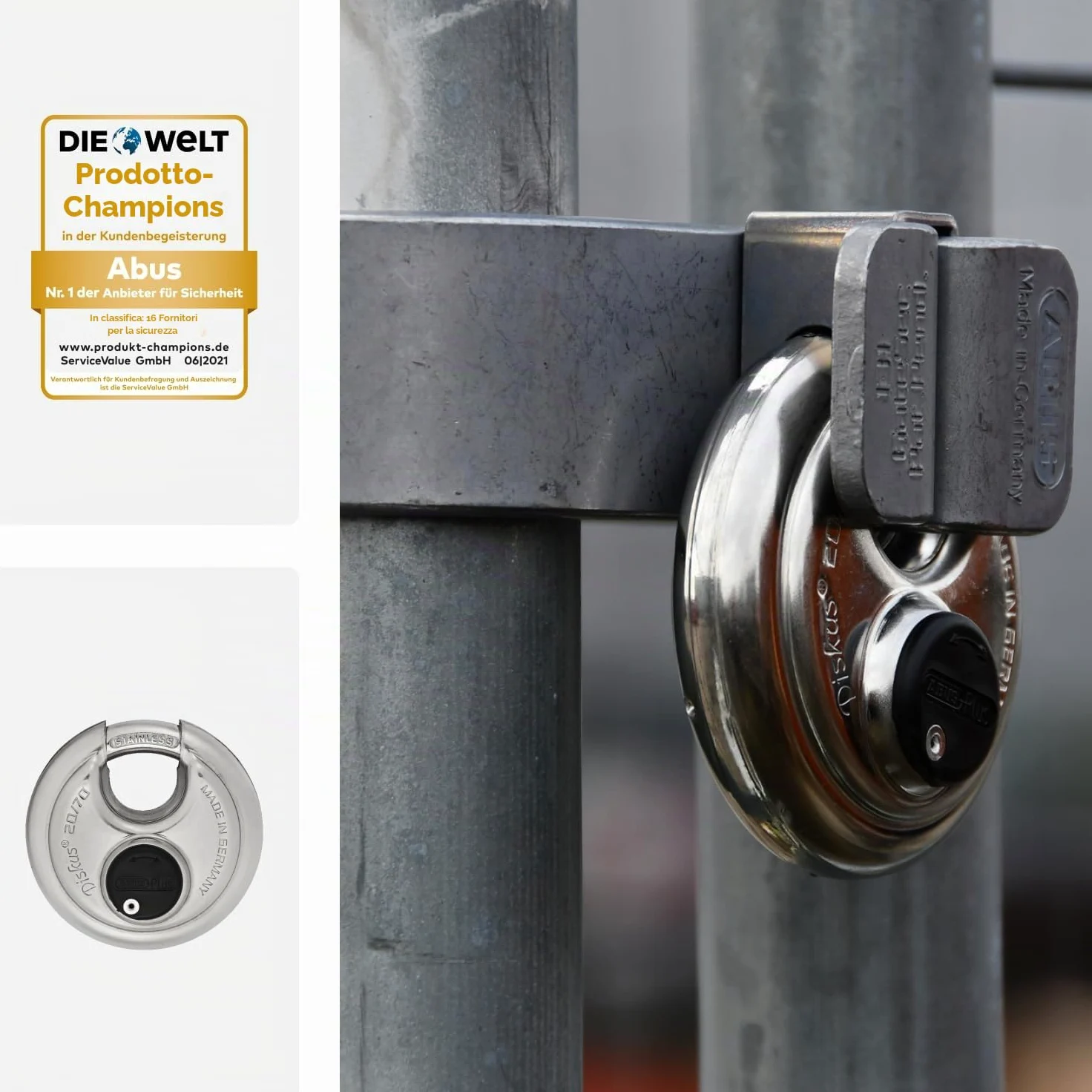 ABUS Lucchetto Diskus 20/70 - Sicurezza Livello 9, Impermeabile | Corpo e arco in acciaio inox - cilindro ABUS-Plus anti-manipolazione - 70x70x30,5 mm - protezione sporco e spruzzi