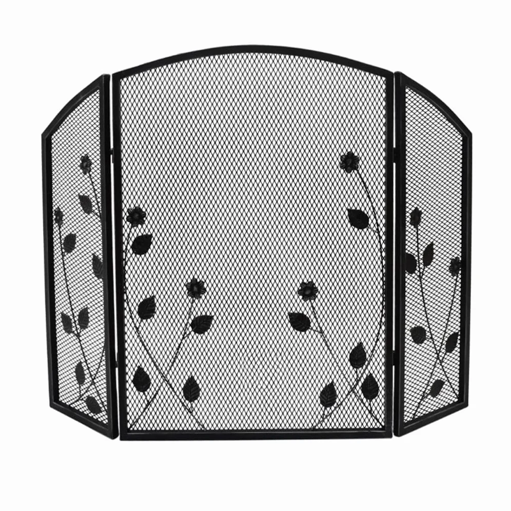 Schermi per Caminetti di Guardia Fiore in ferro battuto Foglia foglia Camino Schermo Schermo Partition Cover Cover Famiglia Mesh TRI-Piegatore Schermo a prova di fuoco Spark Copertura protettiva Acces
