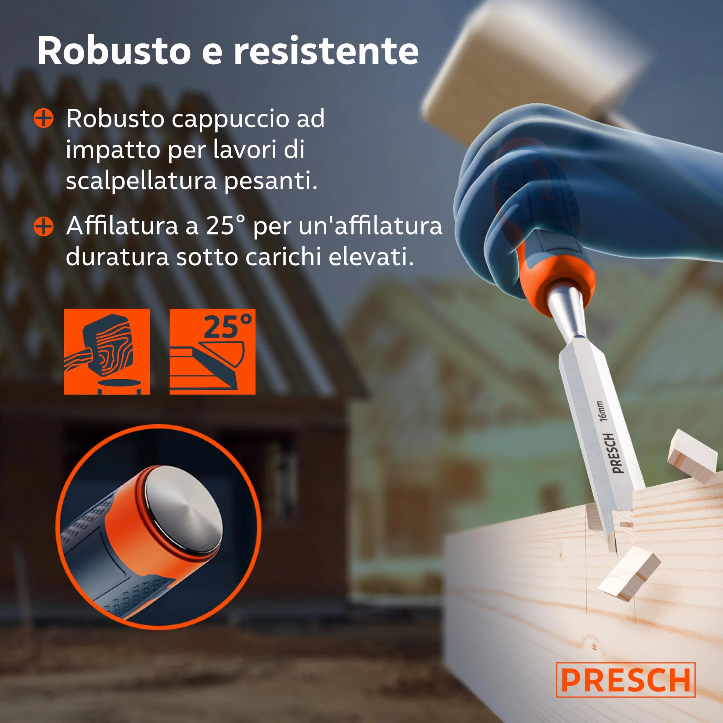 Presch Scalpello per legno 16mm 25° angolo battuta in metallo impugnatura ergonomica