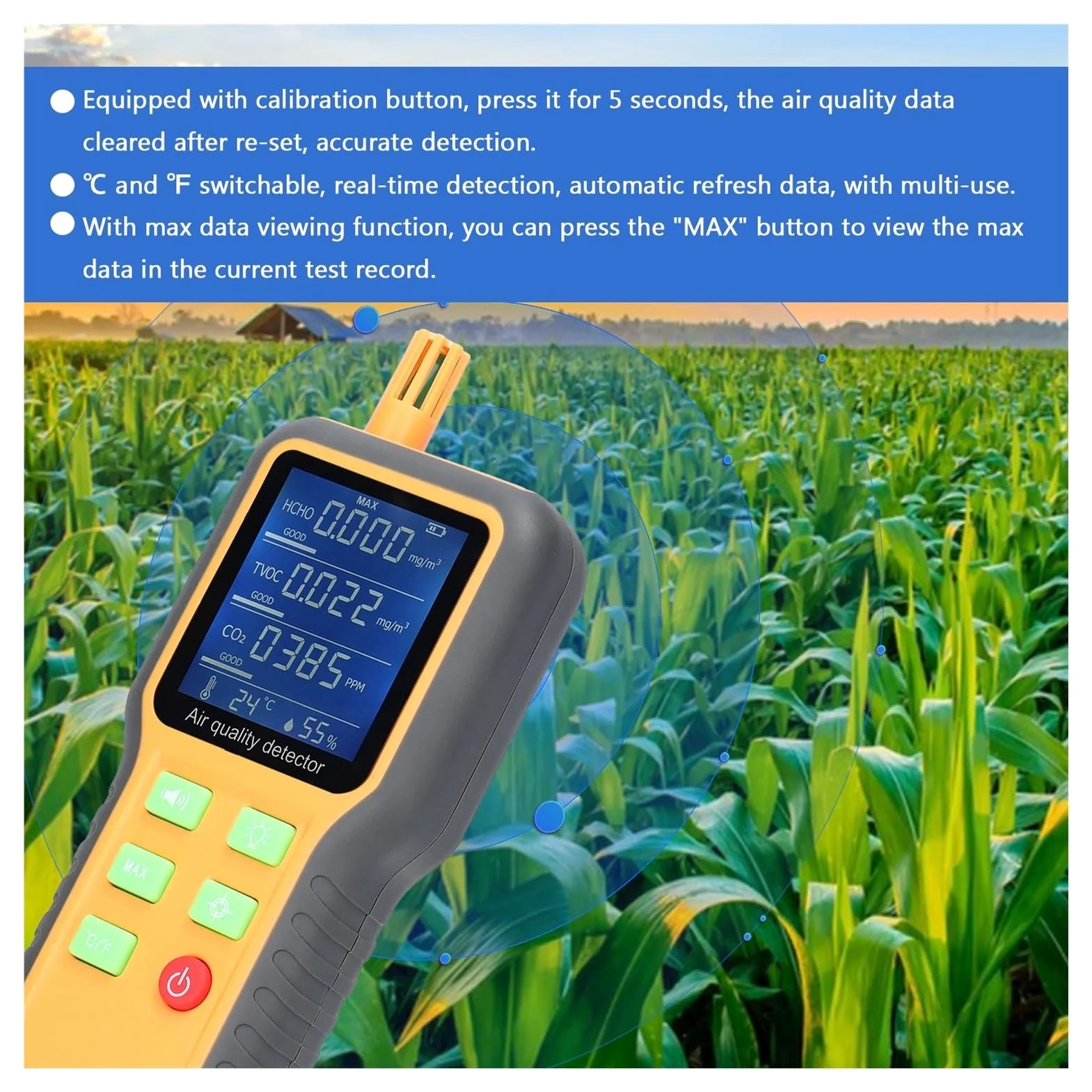 Misuratore Qualità dell'aria, 5 In 1 Monitor portatile a qualità 'aria CO2 TVOC HCHO Tester Misuratore di umidità a temperatura Display LCD retroilluminato Rilevatore di anidride carbonica per Casa Cu