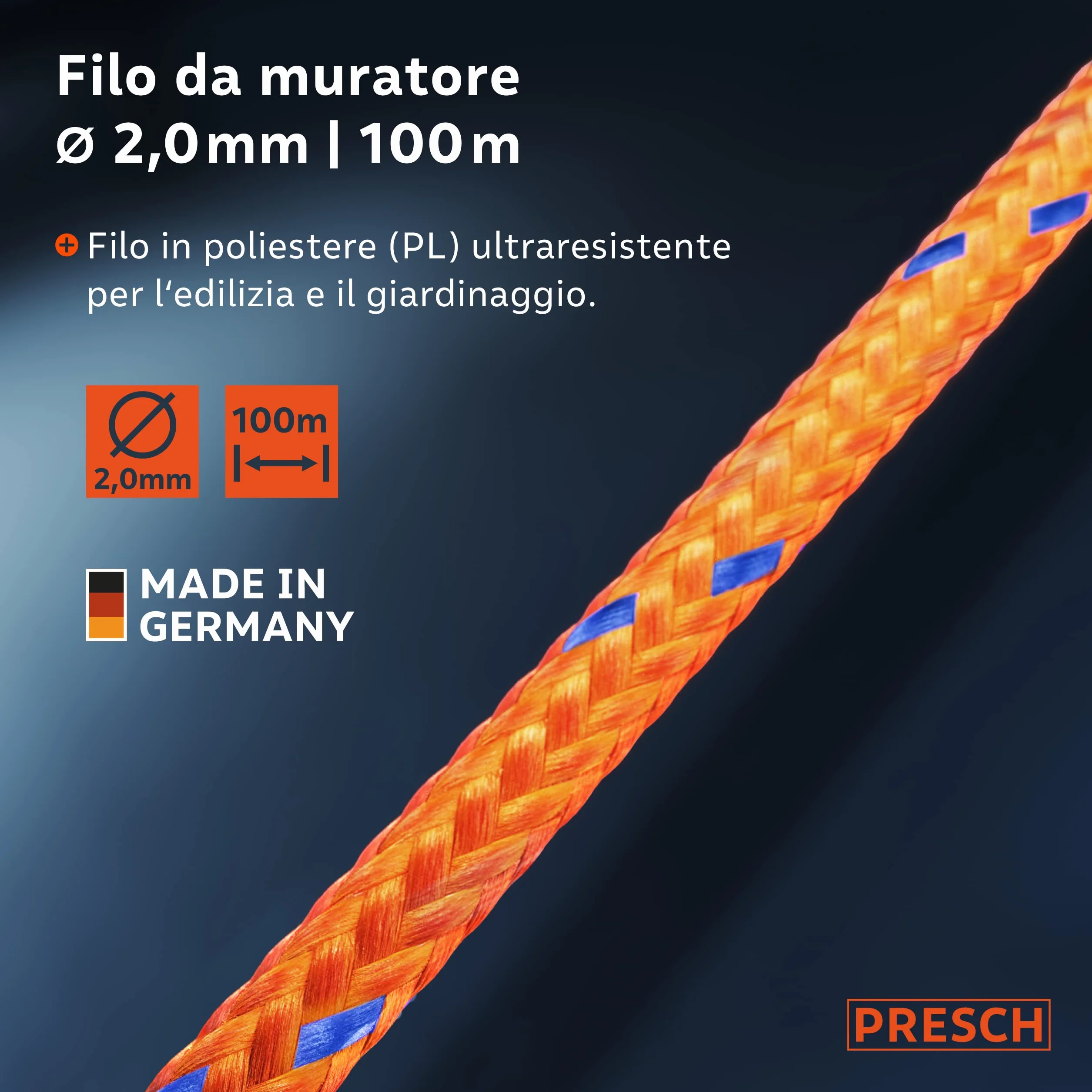 Presch Corda da muratore 100m | ⌀2,0mm | Poliestere | Corda da raddrizzamento resistente allo strappo e alle intemperie con bobina | Corda da costruzione resistente ai nodi