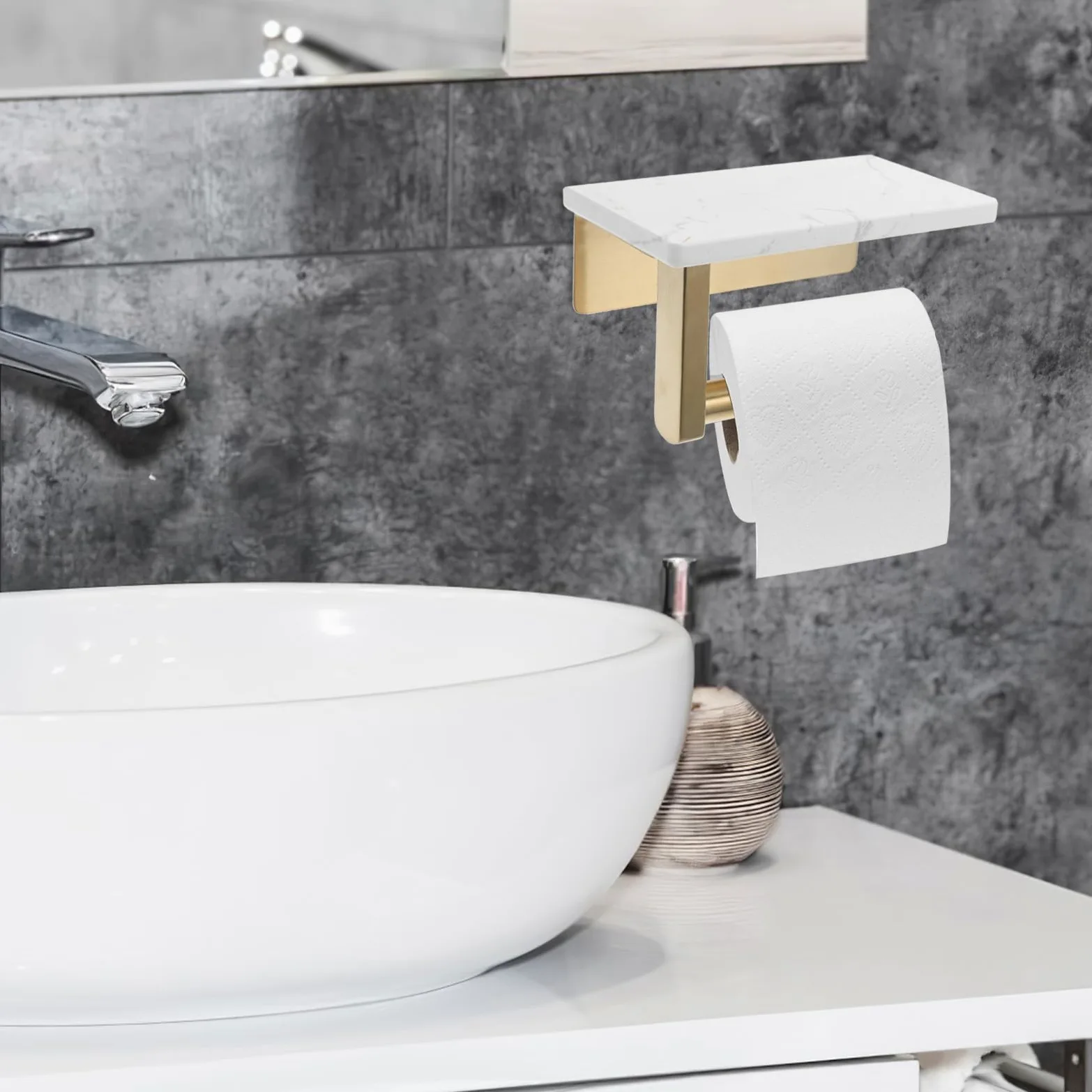 Portarotoli Carta Igienica da Parete Oro in Acciaio Inox Mensola Marmo | Distanza Fori 8, 3cm, Piano Superiore per Oggetti e Profumo, Stile Moderno Elegante