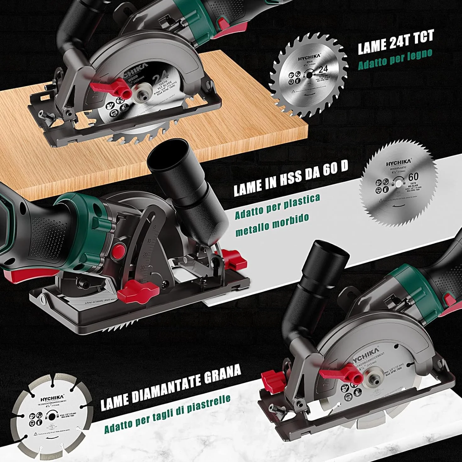 HYCHIKA Mini Sega Circolare 750W 3500RPM, Sega Compatta con 3 Lame (24T/60T/9T) per Legno, Metallo e Piastrelle, Taglio Inclinato 45°/90° (Profondità Max 48mm), Fai da Te