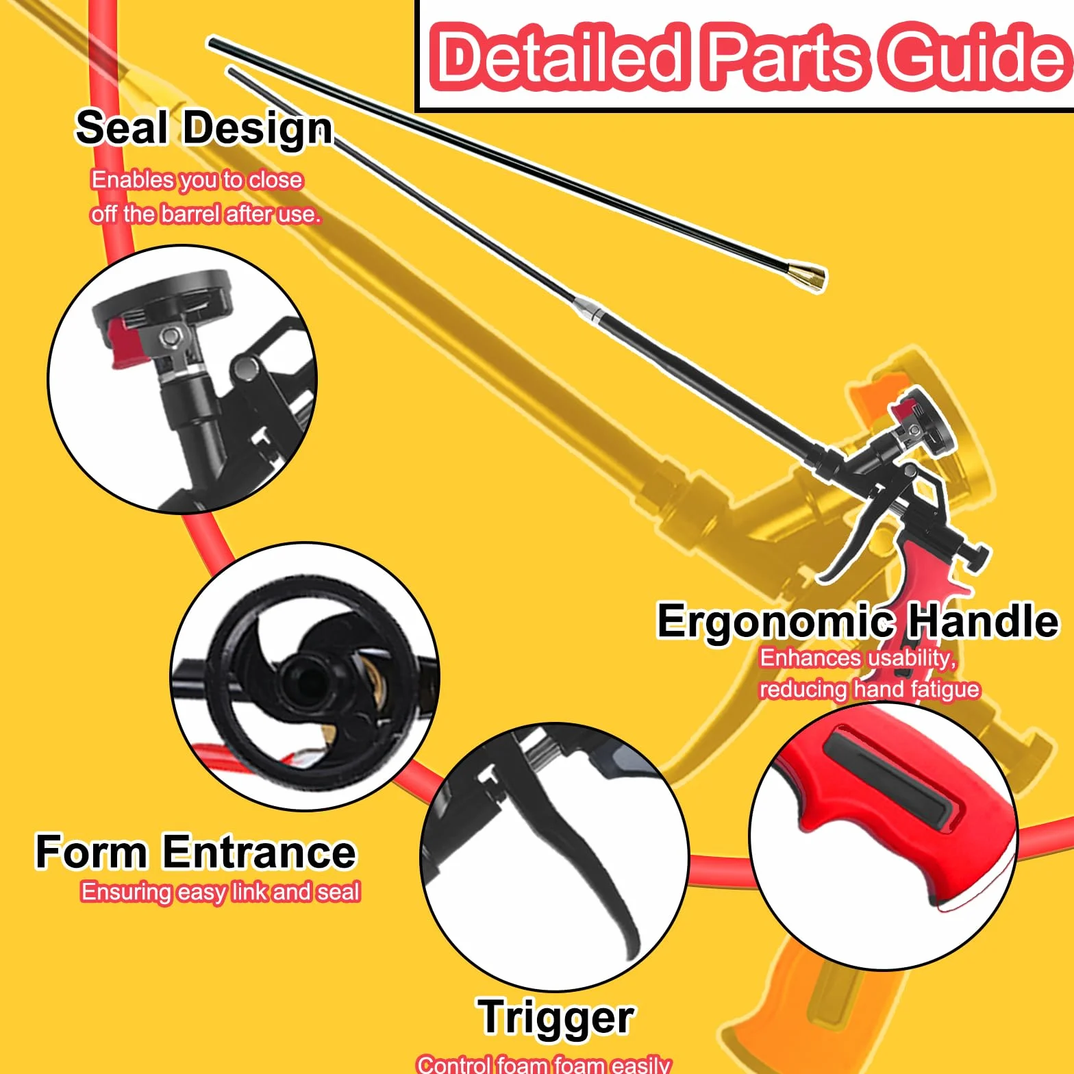 Pistola per schiuma estensibile 63cm - Cesto rivestito PTFE antiaderente, pistola professionale per schiuma espandente, isolamento, calafataggio, riempimento, sigillatura (Rossa)
