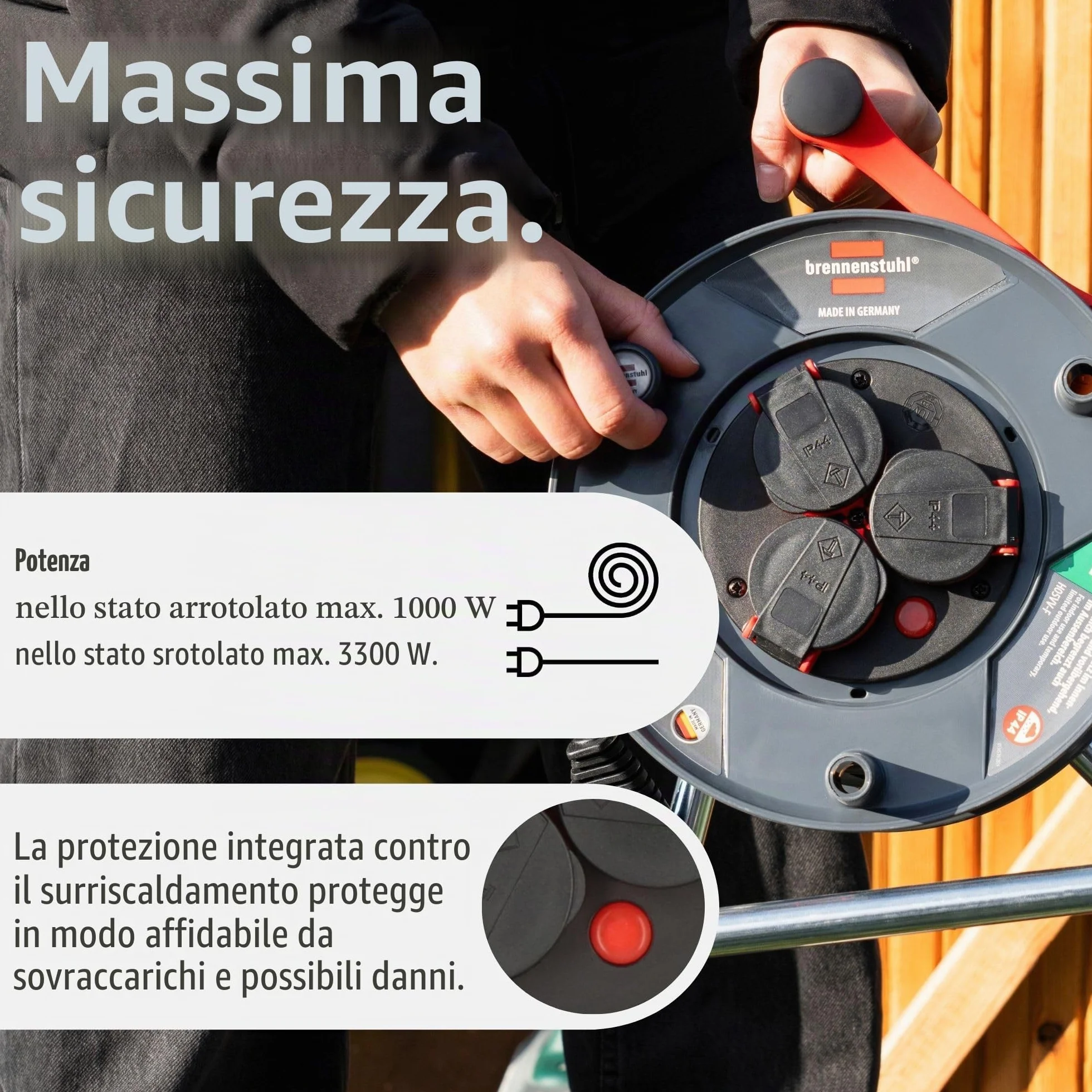 Brennenstuhl Garant, Avvolgicavo per esterni, IP44, 25 m (Made in Germany, 3 prese di sicurezza con migliore protezione da tocco, plastica speciale)