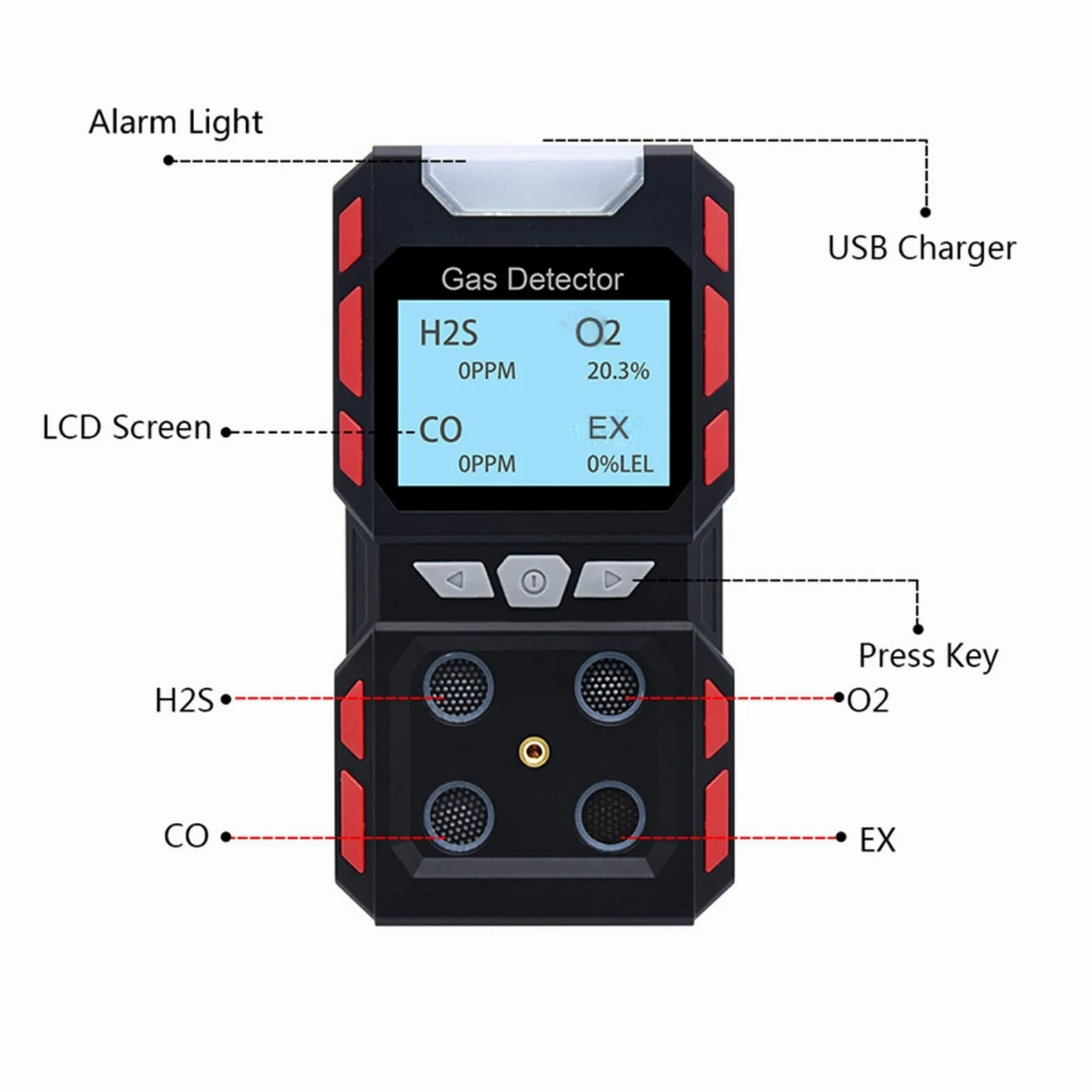 Rilevatore di gas, Analizzatore multigas industriale autonomo H2S CO O2 EX Rilevatore di gas combustibile Monossido carbonio Sensore sicurezza antincendio Promemoria vocale(B Gas Detector)