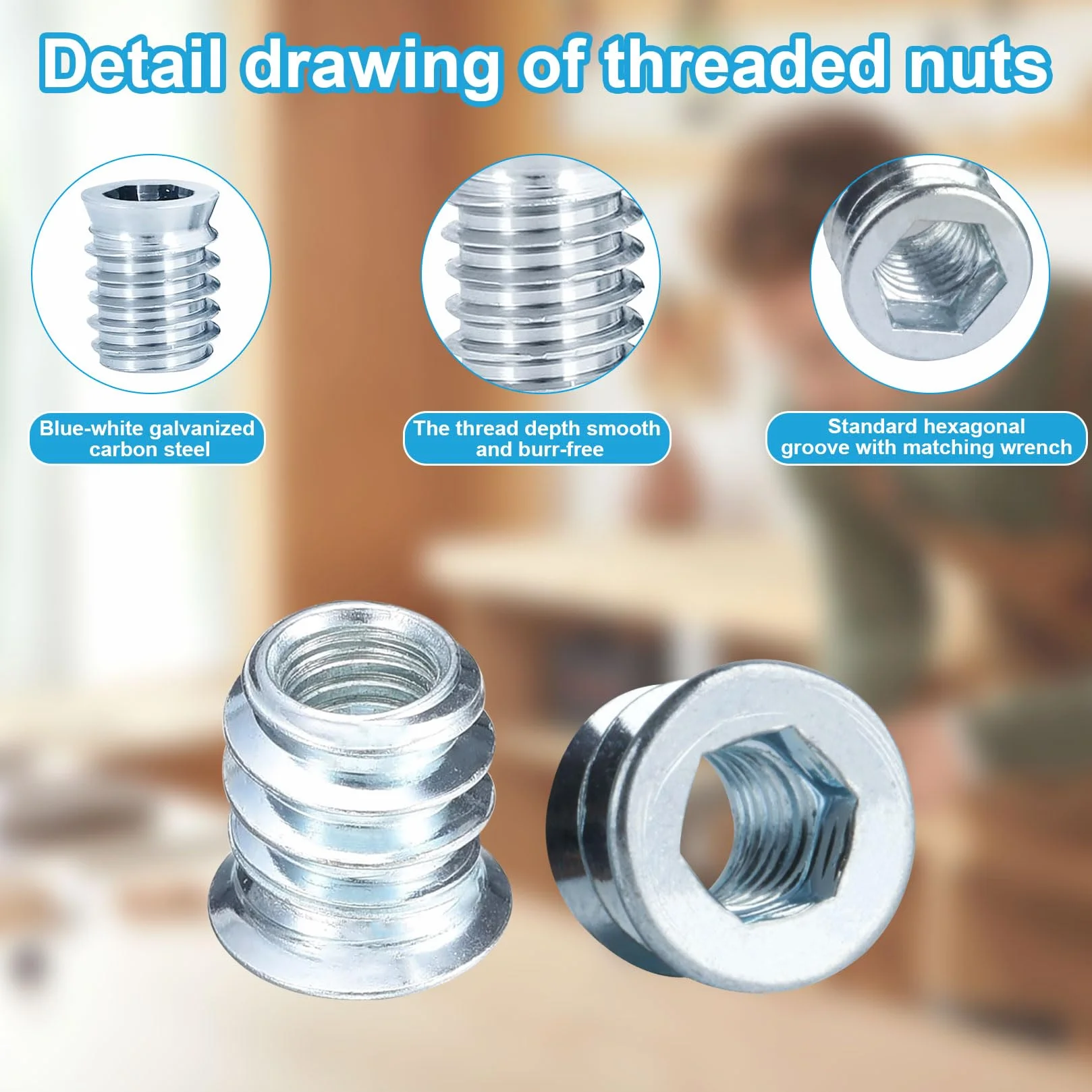 50 Pz Inserti Filettati Dado M6 x 10mm, Rivetti Filettati, Boccole Filettate per Legno, Dado Avvitabile Manicotti Filettatio, Bussole Filettate a Esagono Incassato per Mobili Legno