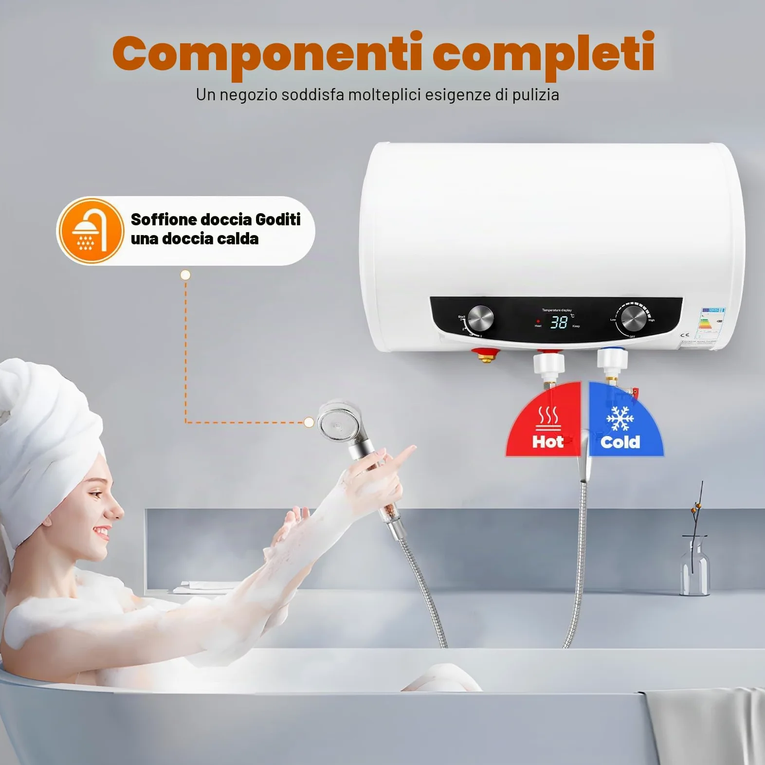 220V Scaldabagno compatto per cucina 2000W scaldacqua elettrico con serbatoio e display digitale con soffione per cucine, bagni, saloni di bellezza 35L 34 * 56cm