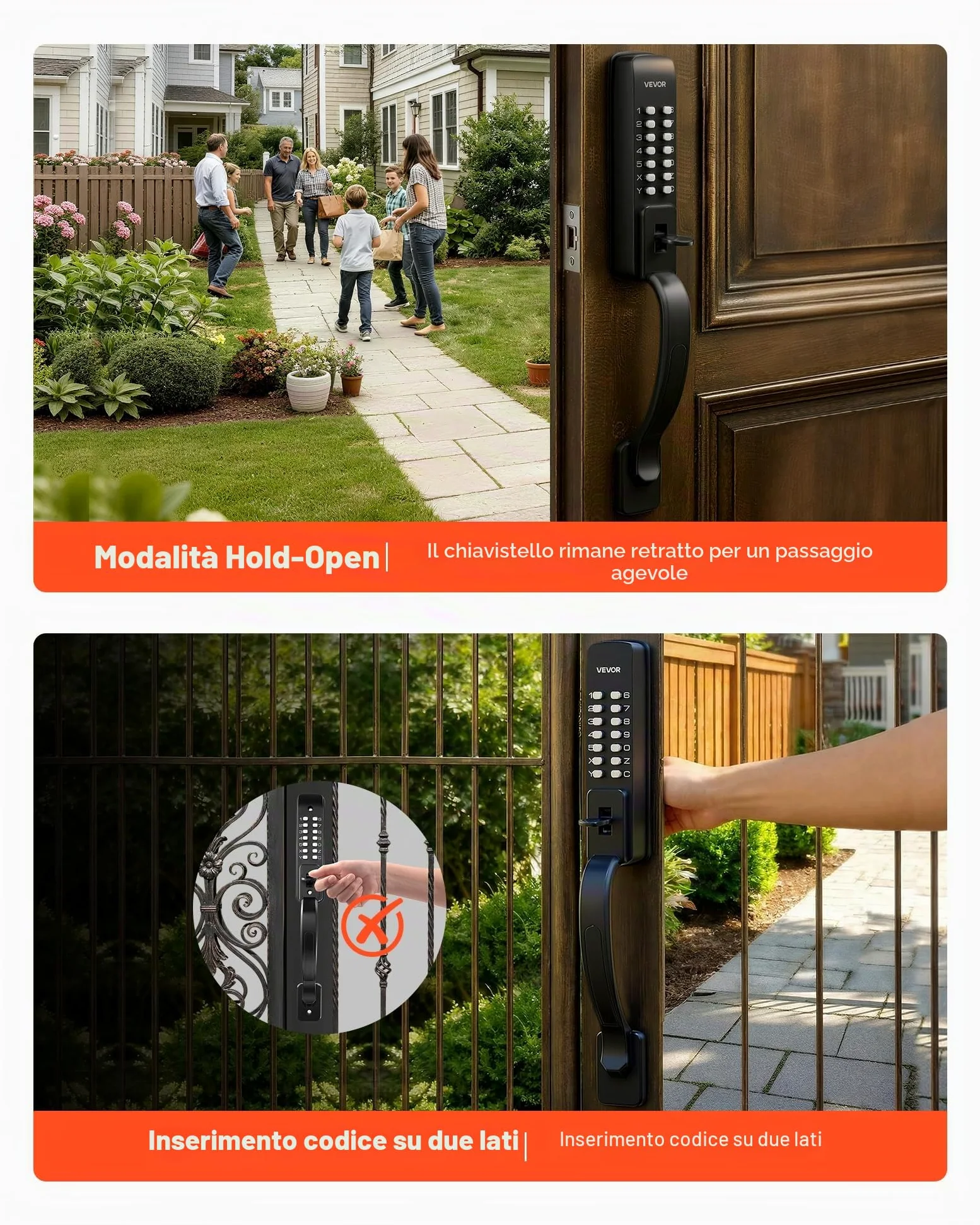 VEVOR Serratura Meccanica a Combinazione per Porte con Tastiera Bifacciale Codice da 4-7 Cifre con Manico, Serratura Senza Chiave a Combinazione Porte d'Ingresso, Giardino, Cancello, Nero
