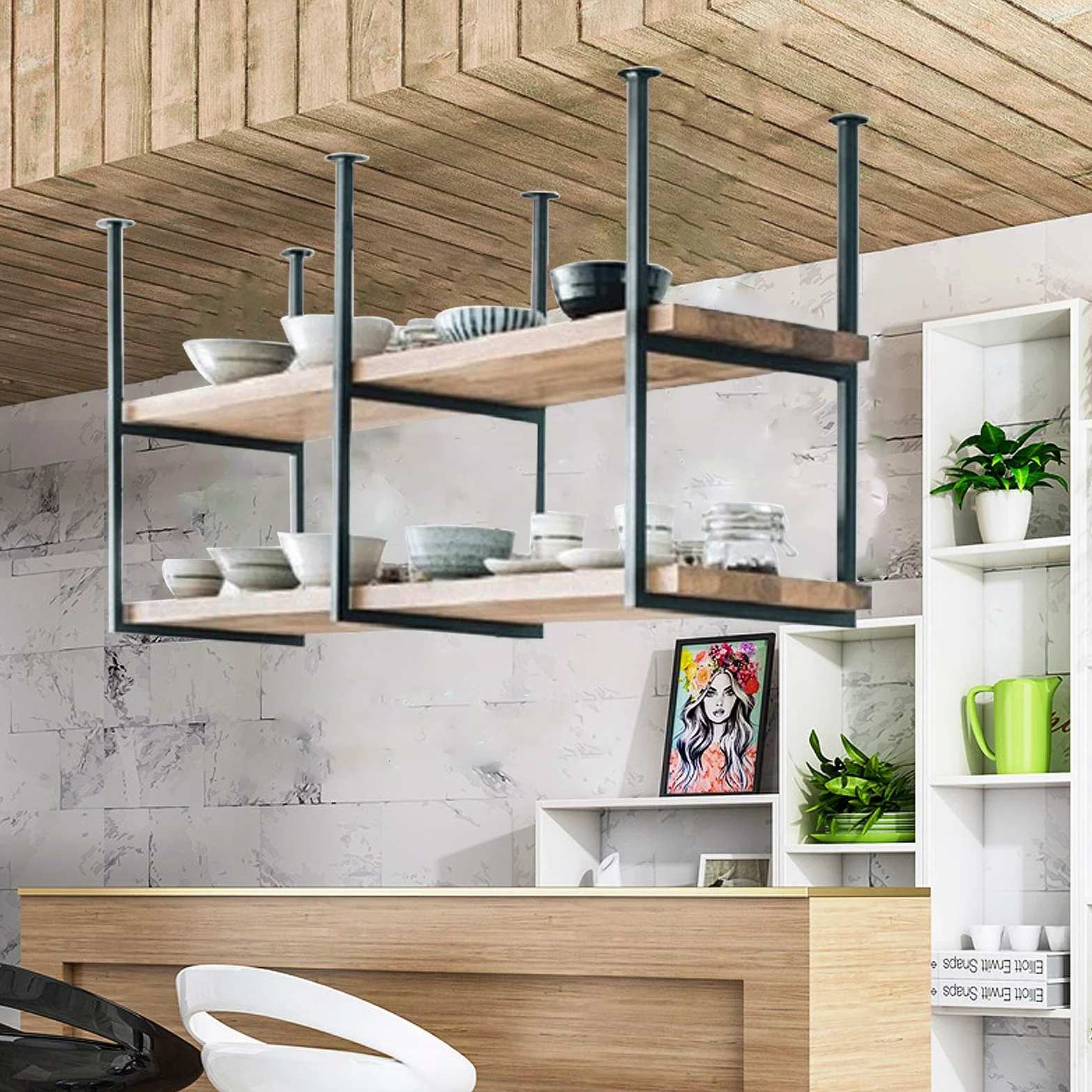 Mensole sospese rustiche a 2 strati con facile installazione per bar ristorante scaffale decorativo da parete con staffe per mensole a soffitto (dimensioni: 120 x 30 x 60 cm)