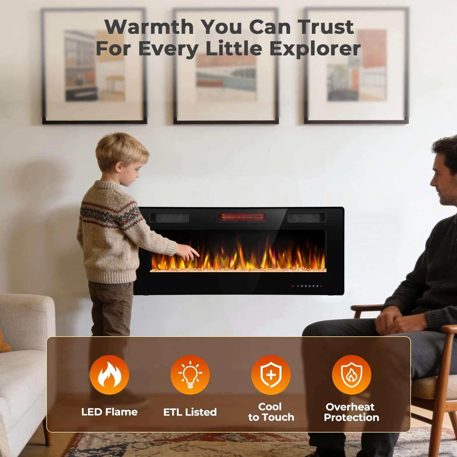 R.W.FLAME Camino Elettrico da Incasso 50 Pollici 127 cm 750/1500W Fiamma Realistica Regolabile Telecomando Riscaldamento Ultra Piatto Lineare