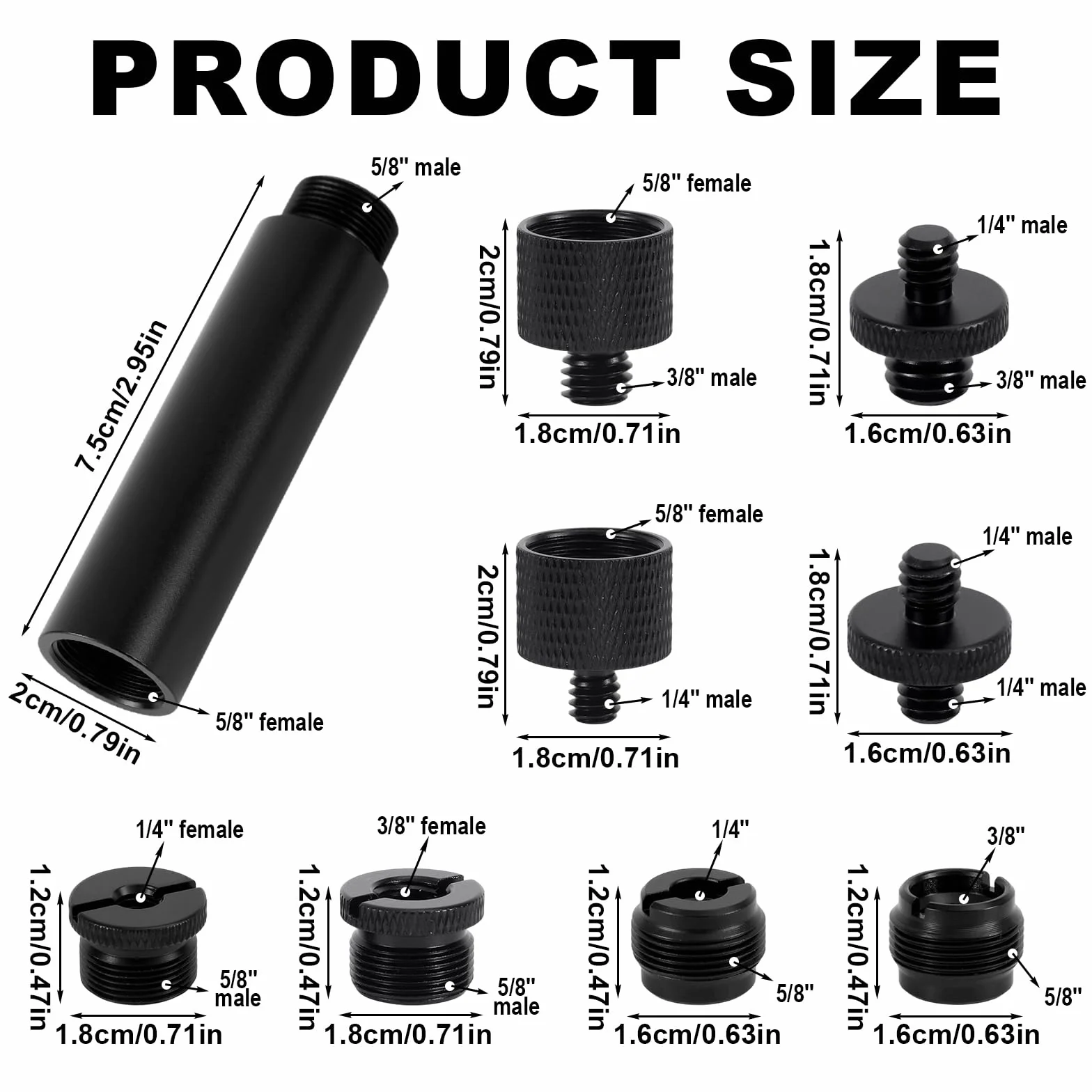 13pz Adattatore per Supporto Microfono Viti con Tubo di Prolunga, Lega Alluminio Convertitori di Filettatura da 3/8" a 5/8" e 1/4" per Braccio Microfono Treppiede Fotocamera Luce Riempimento