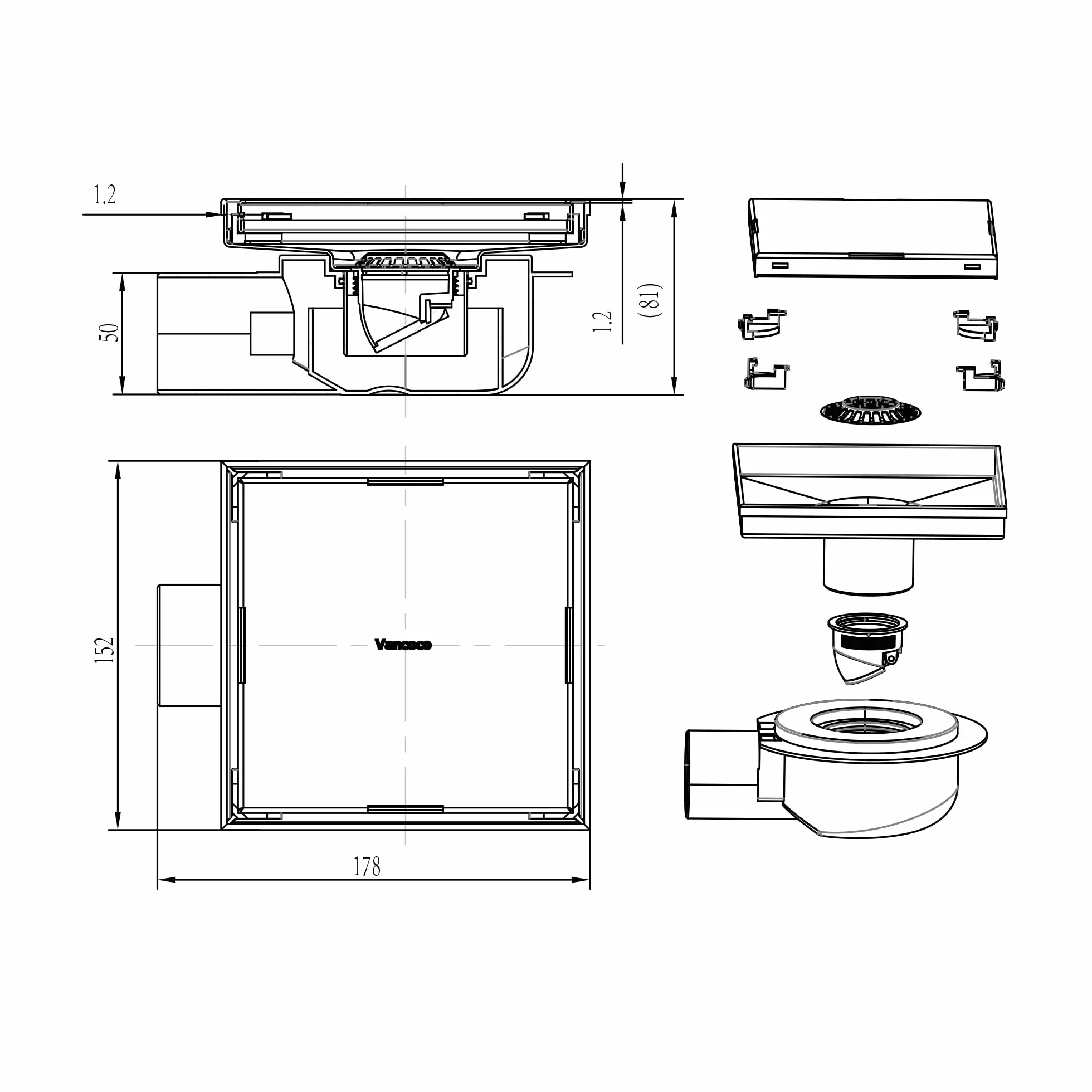VANCOCO Scarico Doccia a Pavimento Quadrato 15×15 cm 2-in-1 Invisibile in Acciaio Inox, Sifone Orientabile 360°, Valvola Antiodori, Filtro per Capelli
