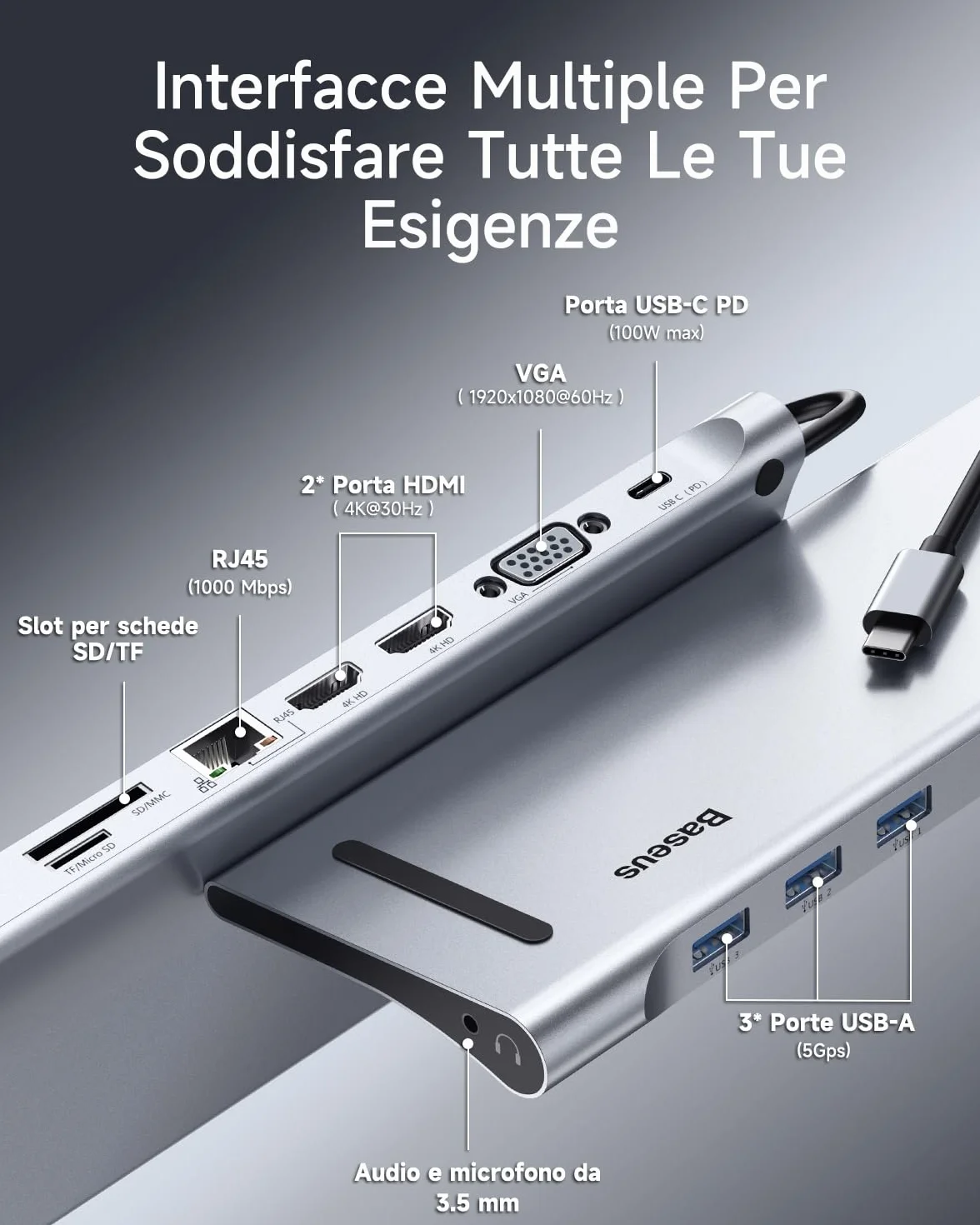 Baseus Docking Station 11 in 1 USB C, Hub USB C con triplo display con 2x HDMI 4K, 3x USB 3.0, Alimentatore di tipo C, VGA, Lettore di schede SD/TF, Ethernet, Audio da 3,5 mm, per MacBook Pro/Air