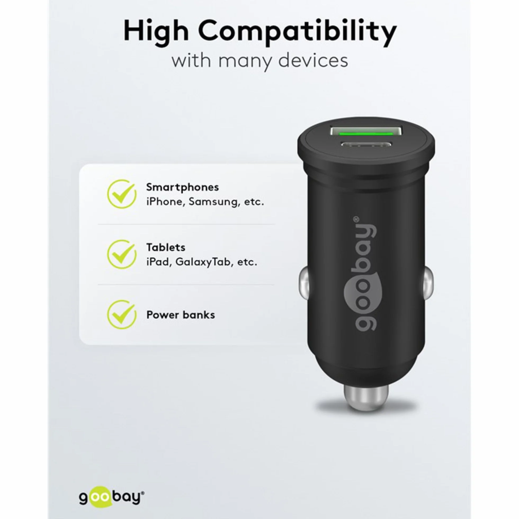 Goobay 61739 - Caricabatteria da auto Dual USB, ricarica rapida, USB 3.0 e USB-C/adattatore accendisigari per auto con erogazione di potenza 45 W a 12-24 V