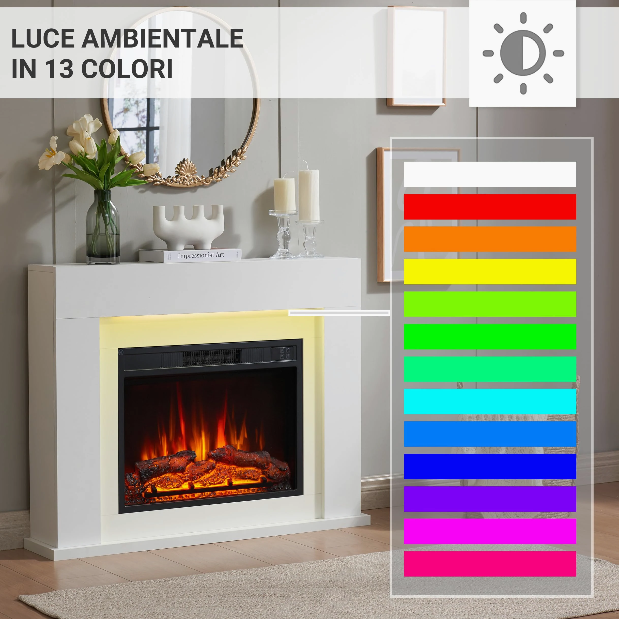 BALDERIA Finn Design Camino elettrico da terra, effetto fiamma 3D LED, riscaldamento