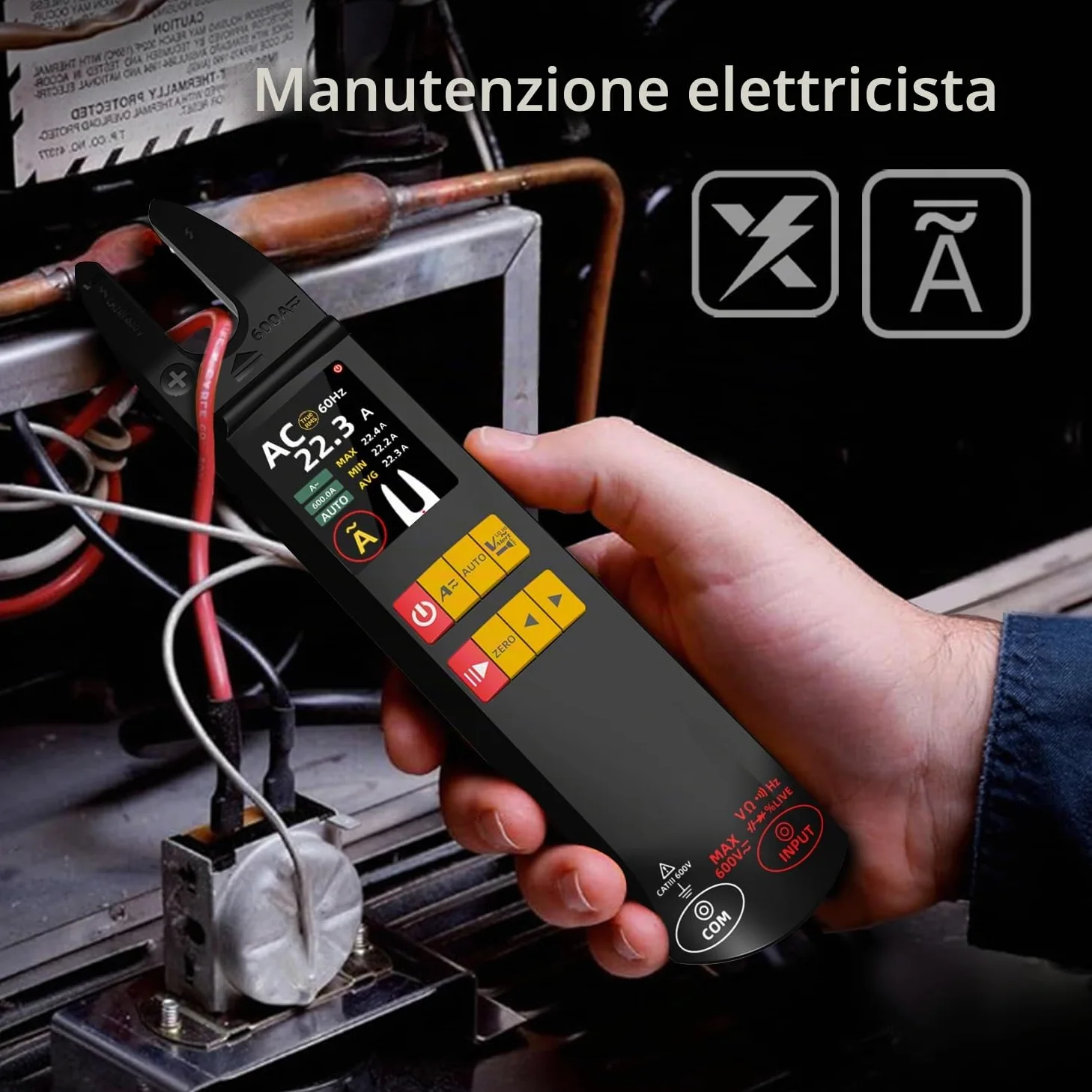 BSIDE DC AC pinza amperometrica 600A Corrente Multimetro 6000 Counts Amperometro Automatico Capacità Digitale Resistenza NCV Live Wire Tester di tensione con data Hold Max/Min/Ave
