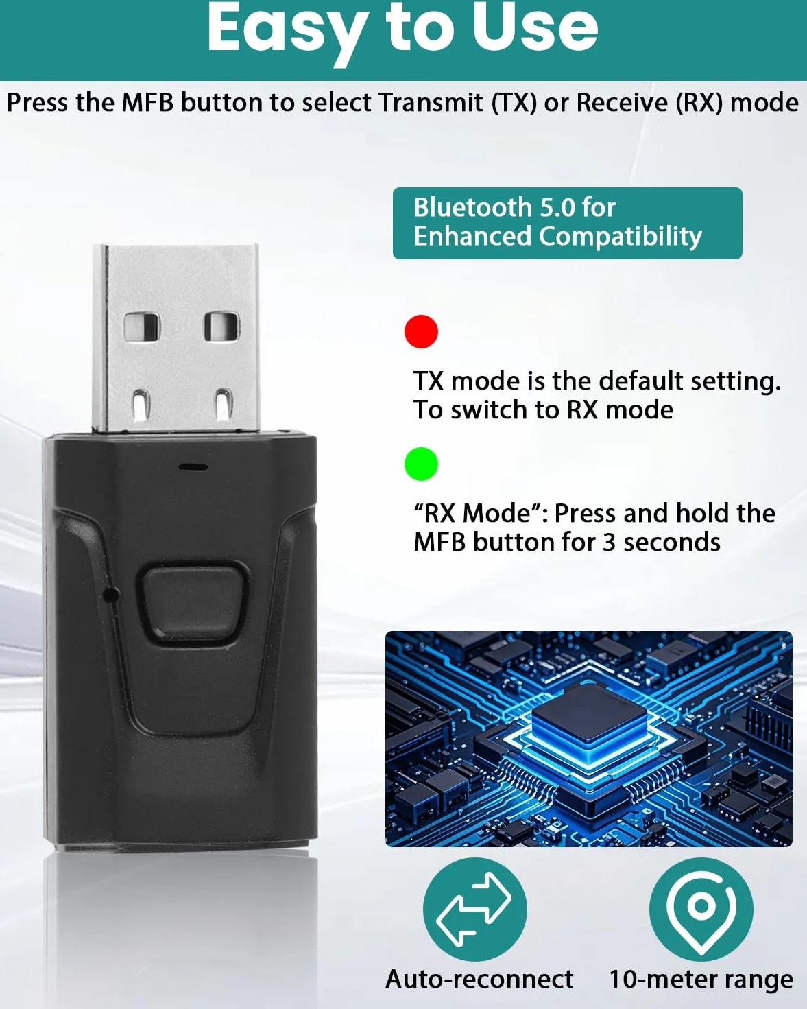 Adattatore USB Bluetooth 2 in 1 per TV, PC, Auto, Cuffie, Altoparlanti e Stereo – Trasmettitore e Ricevitore Bluetooth 5.0 Mini Chiavetta Audio, Jack 3.5mm, Senza Batterie, Porta USB