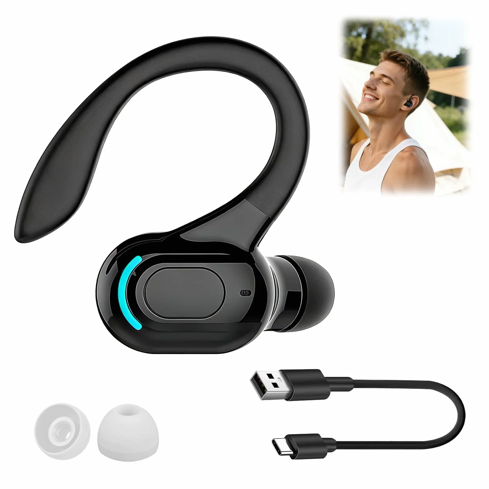 Auricolare Bluetooth Mono senza fili V5.2, microfono integrato a mani libere orecchio, 70 mAh, fino a 20 ore di riproduzione, design a 360° sopra l'orecchio, uso casco wireless per iPhone, Android e