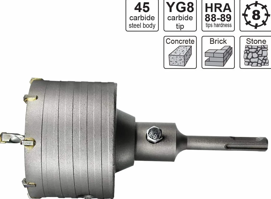 Sega a Tazza per Muro Cemento Ø 65 mm Corona Carotatrice a Secco + Adattatore SDS PLUS + Punta Centraggio 8x110 mm