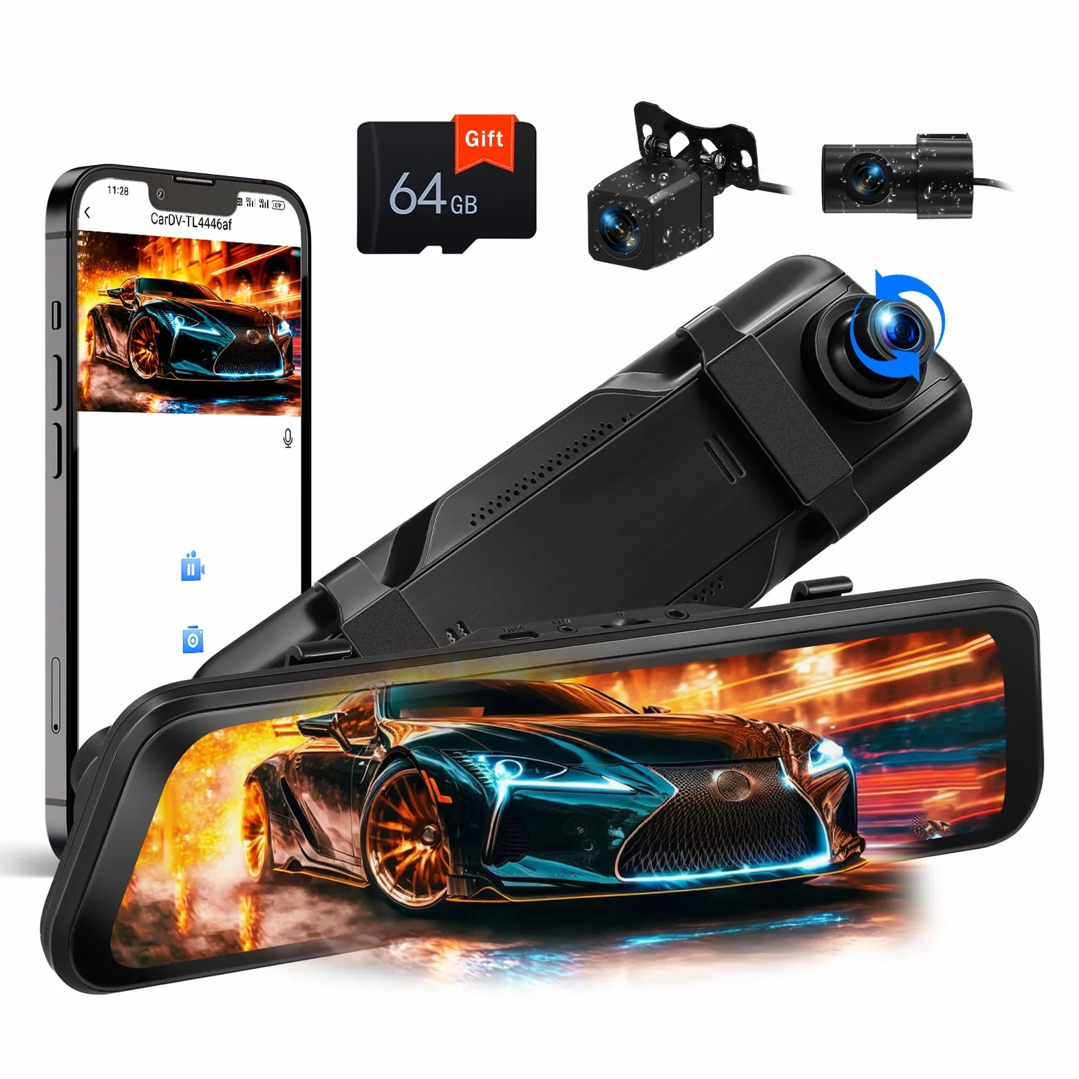 CAMECHO Mirror Dash Cam Schermo da 9.66 pollici 2K, Dashcam con TRE Telecamere: Anteriore/Interna/Posteriore -WiFi registrazione loop/sensore di gravità/assistenza al parcheggio