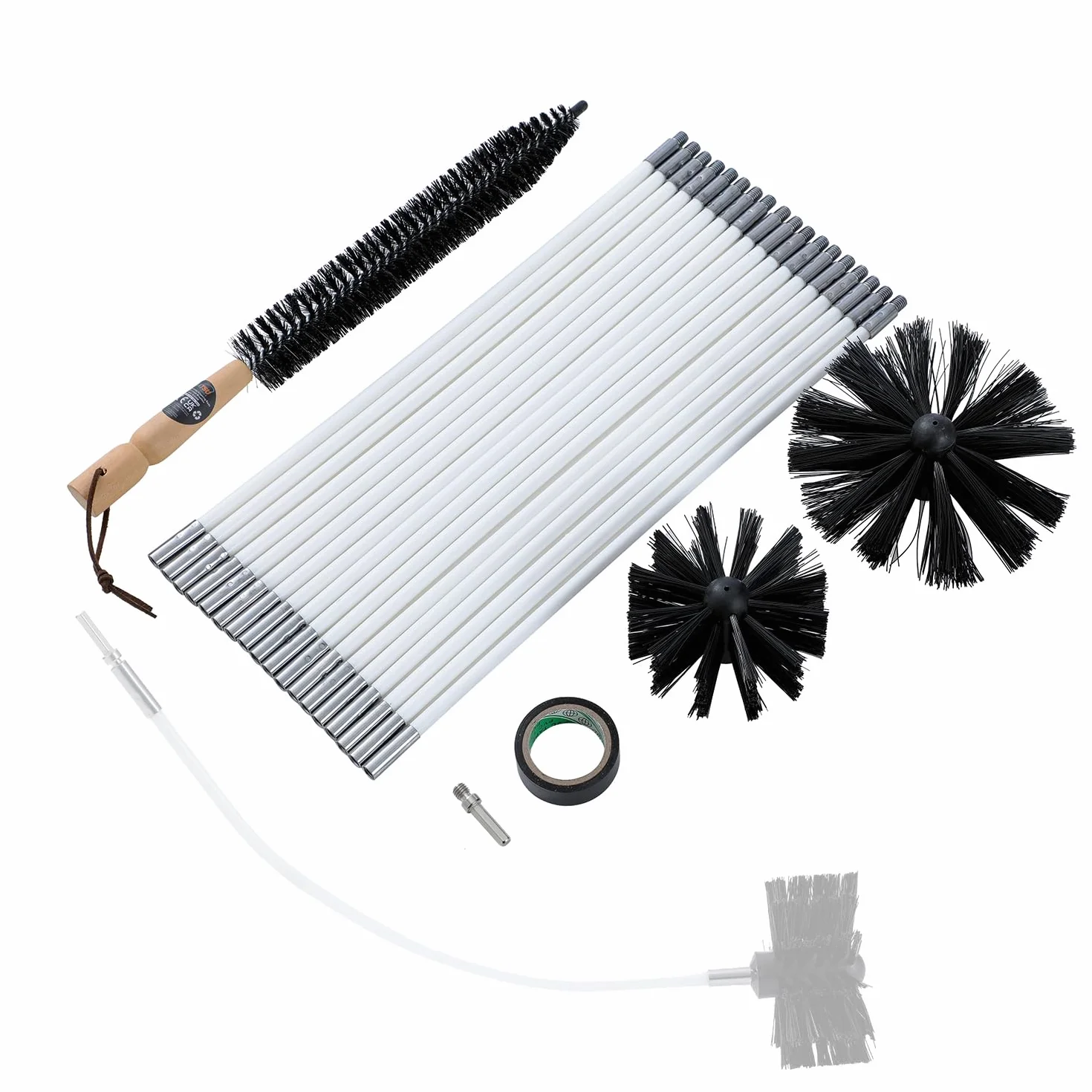 KATSU Tools Kit di 24 spazzole per la pulizia del camino con aste flessibili da 45,7 x 40,6 cm + testina da 10,2 cm e 15,2 cm + spazzola lunga in legno + borsa portaoggetti, strumenti di pulizia per