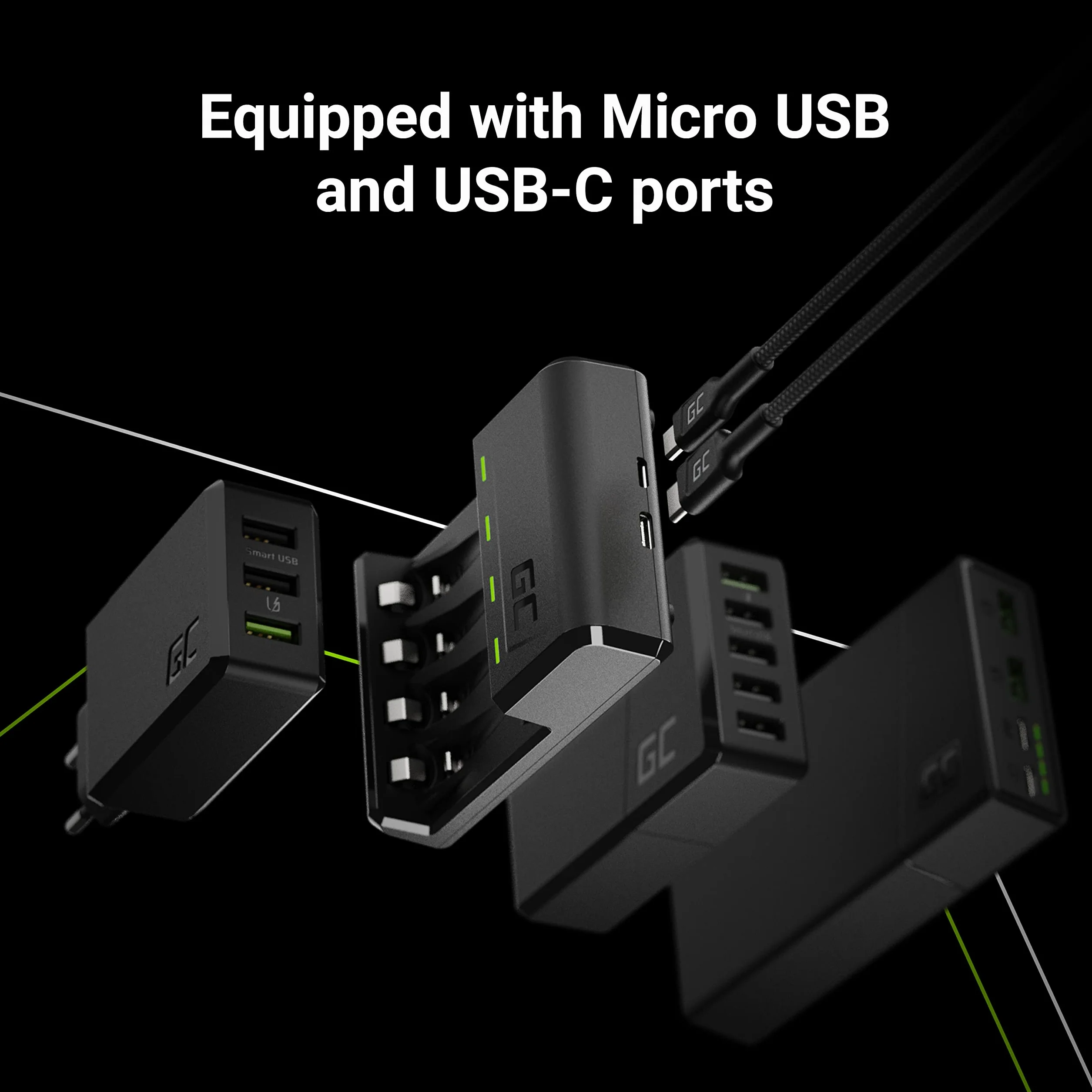 Green Cell VitalCharger - Caricatore + 2 Batterie AA 2000 mAh + 2 Batterie AAA 800 mAh per NI-MH AA AAA R6 R03 Mignon con Micro USB-C. Sistema di Ricarica a 4 Canali - Ricarica da 1 a 4 AA o AAA, LED