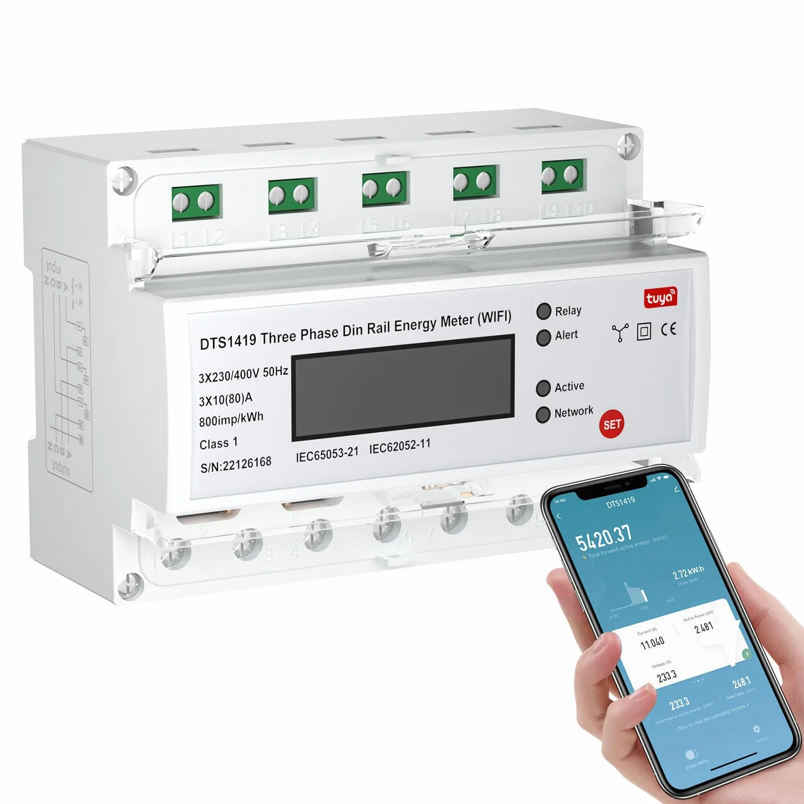 eMylo Misuratore di energia WiFi intelligente, contatore digitale LCD a 3 fasi su guide DIN, misuratore di consumo di energia, 80A 230-400V, supporto Alexa Google Assistant App Controllo remoto per ca