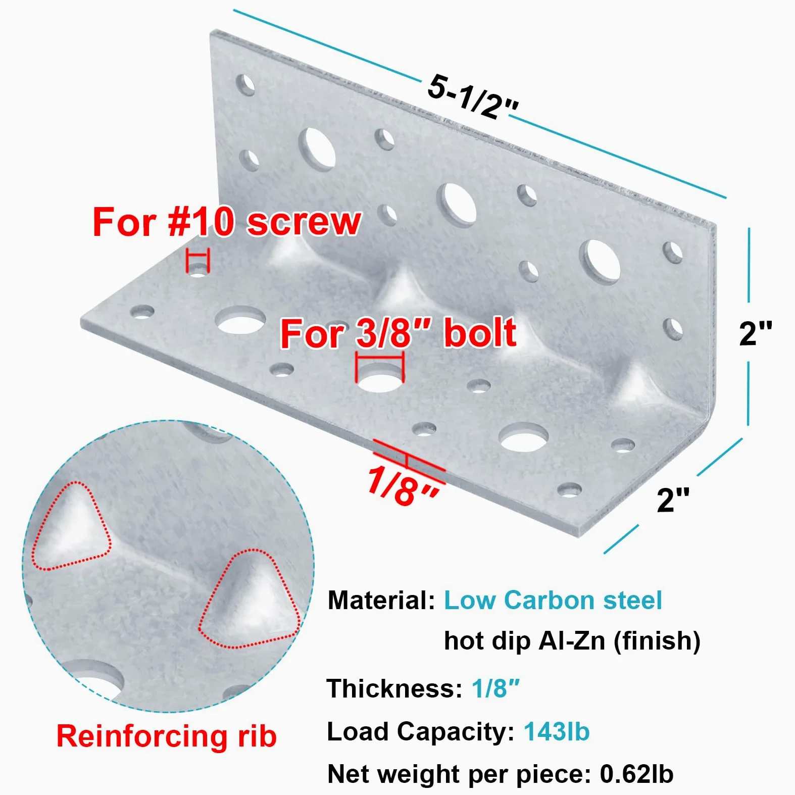 Confezione da 4 staffe angolari a L in acciaio zincato, con design rinforzato, connettore resistente a 90 gradi per mensole in legno, mobili, carico massimo 64,9 kg