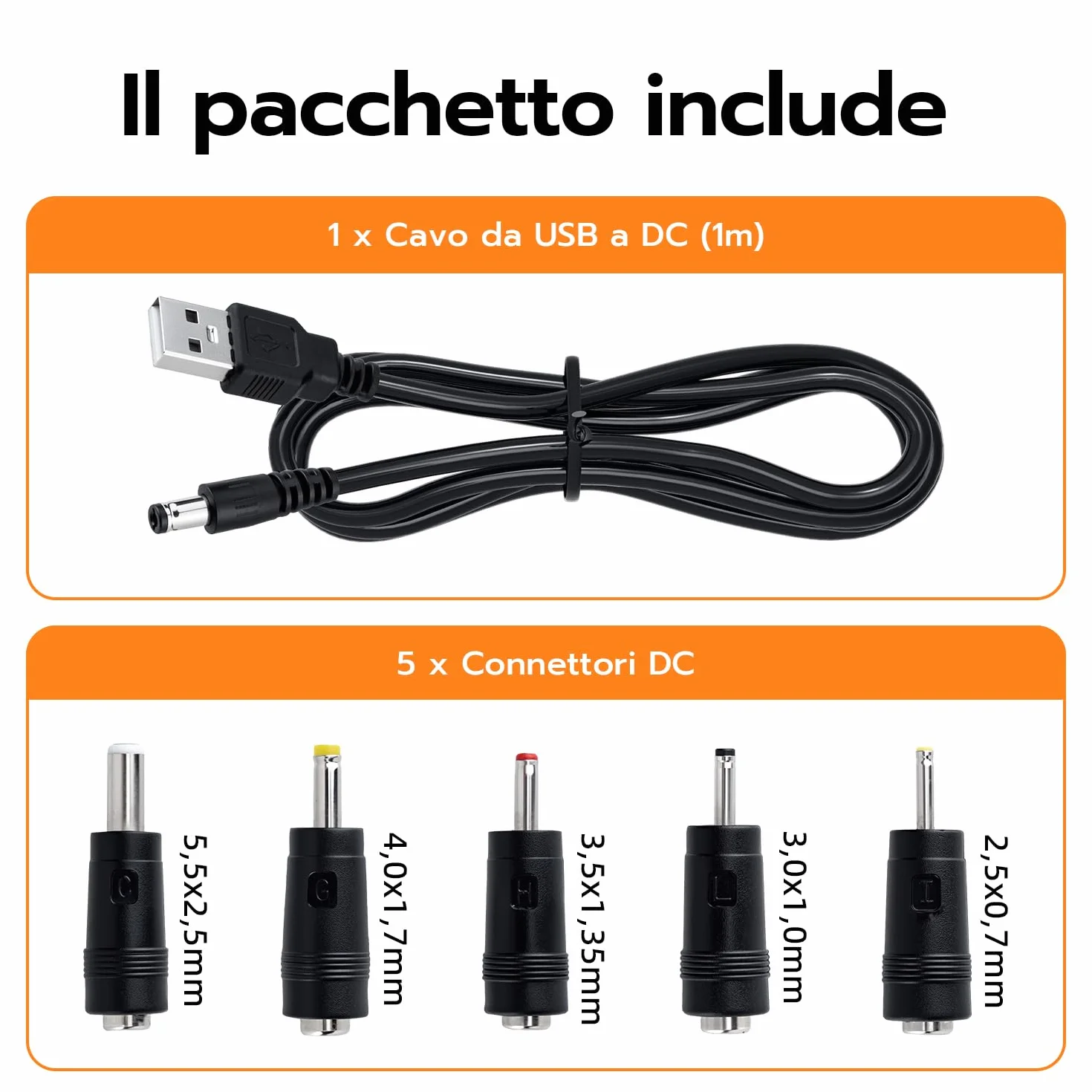 Cavo di Alimentazione da USB a DC 5V,Cavo di Ricarica USB con 5 connettori DC, Ingresso a Uscita DC 5,5 x 2,5 mm, per router, CCTV