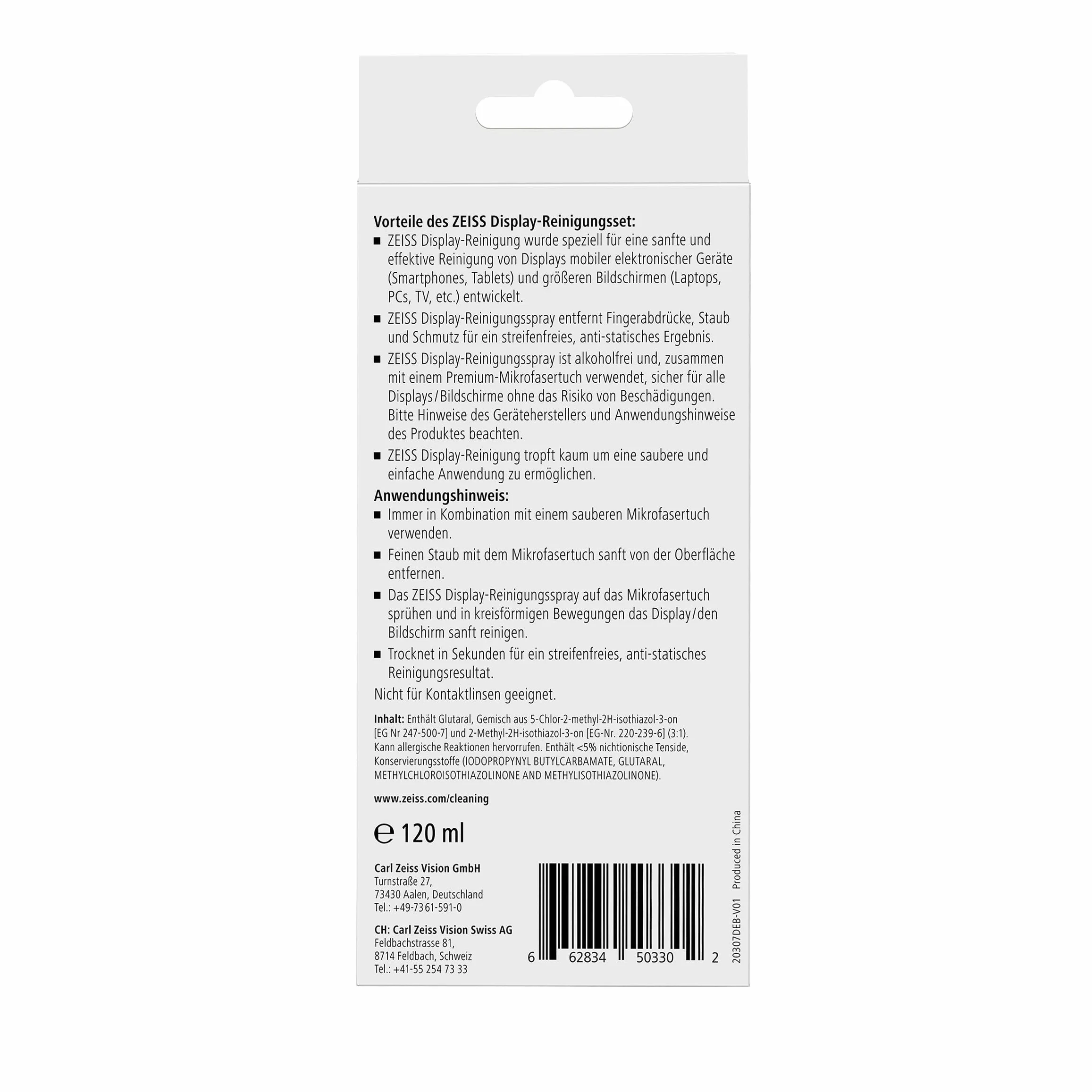 Zeiss Spray detergente per display con contenuto da 120 ml, incluso un panno in microfibra per una pulizia sicura ed efficace di superfici ottiche, senza alcool, antistatico, 606243, bianco