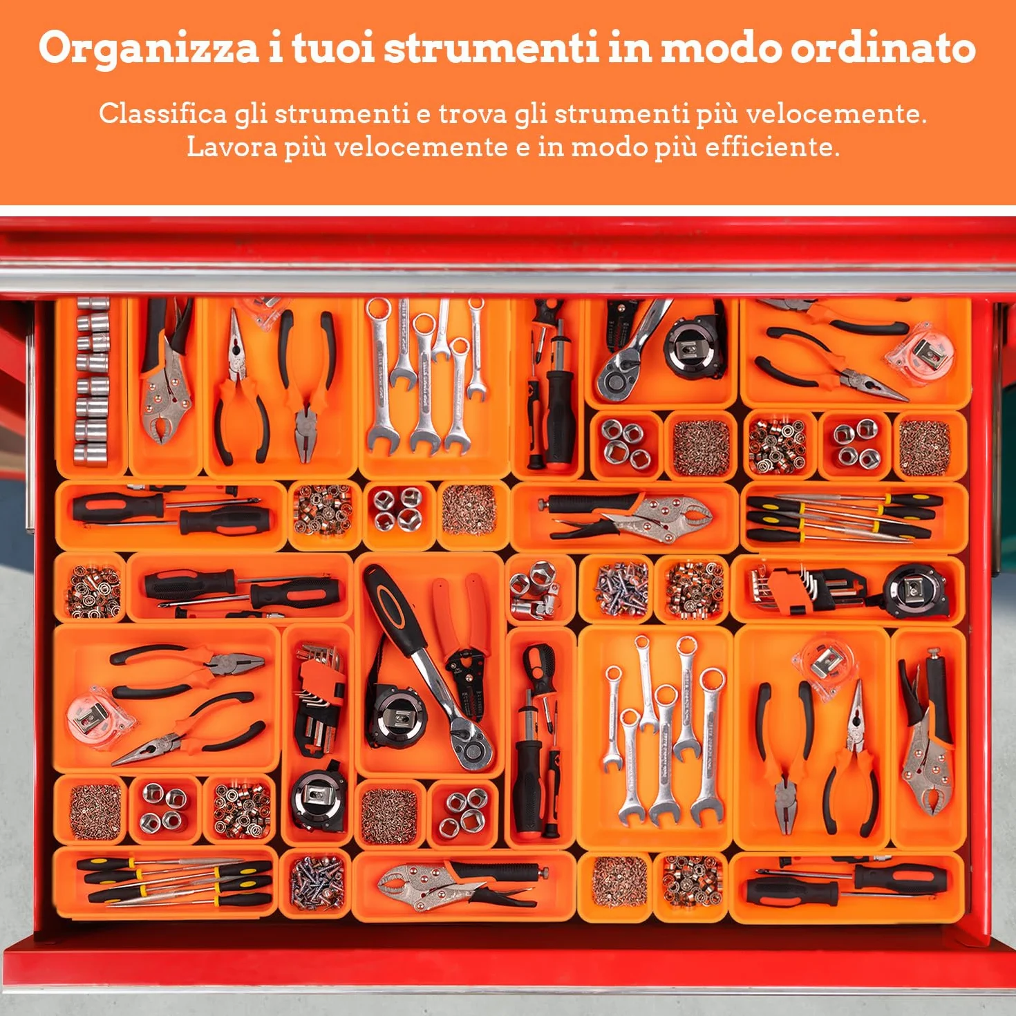Organizer Cassetta Attrezzi 45 Pezzi con Cassetti, Scatole Portaoggetti Plastica per Viti Minuteria e Carrello - Arancia