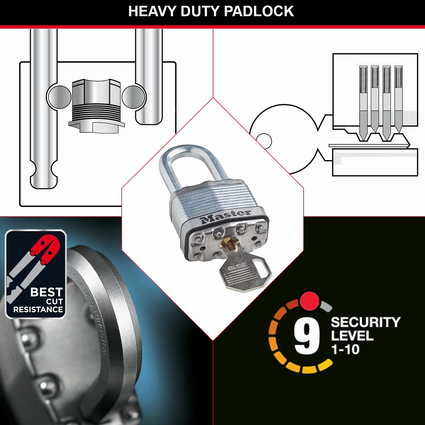 MASTER LOCK Lucchetto ad Alta Sicurezza [Chiave] [Acciaio Laminato] [Esterno] [Archetto L] M5EURDLH - Ideale per Portali, Garage, Lunghezza Archetto,Sconto